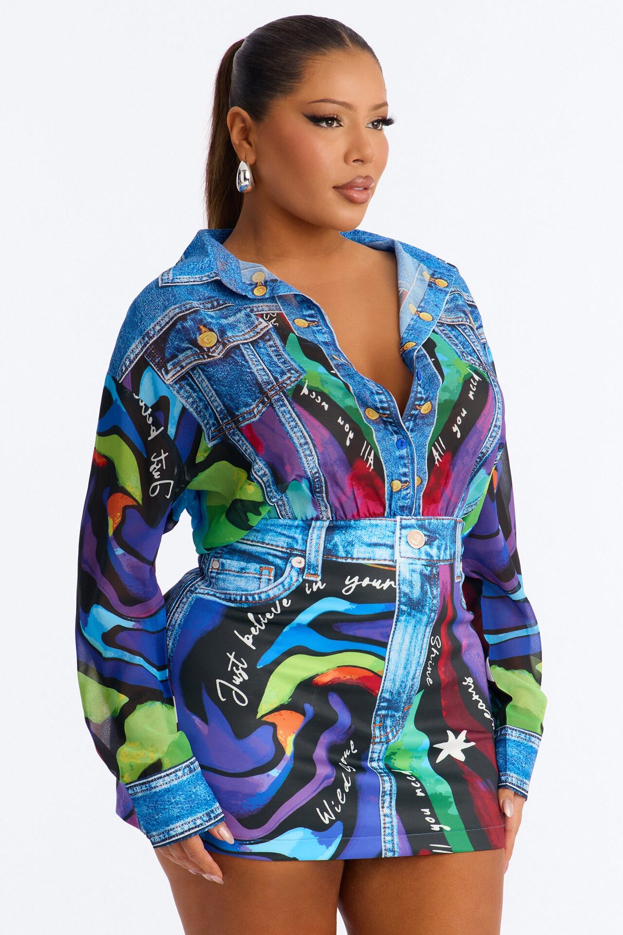 Take Me Back Long Sleeve Mini Dress - Multi Color