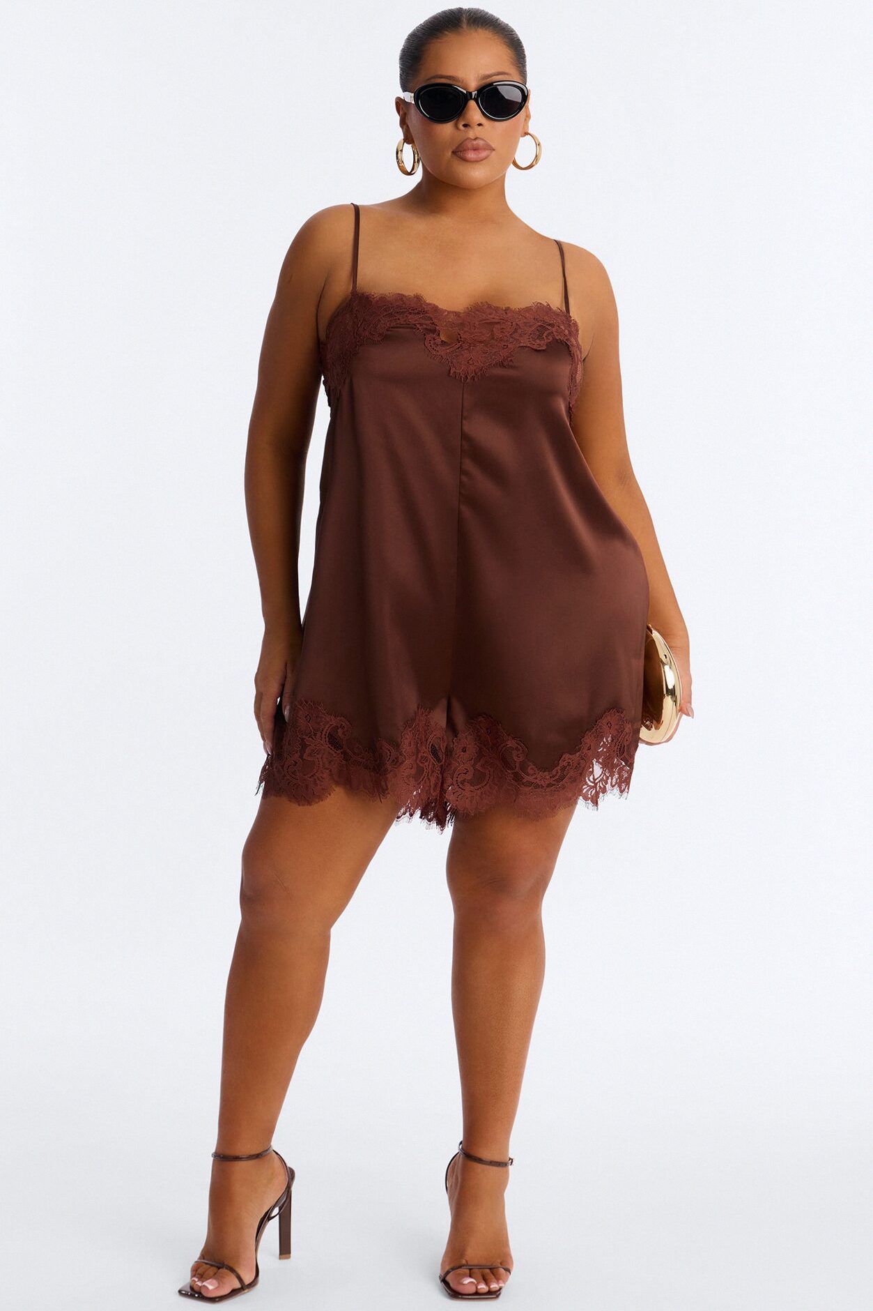 Hailey Lace Trim Satin Romper - Chocolate