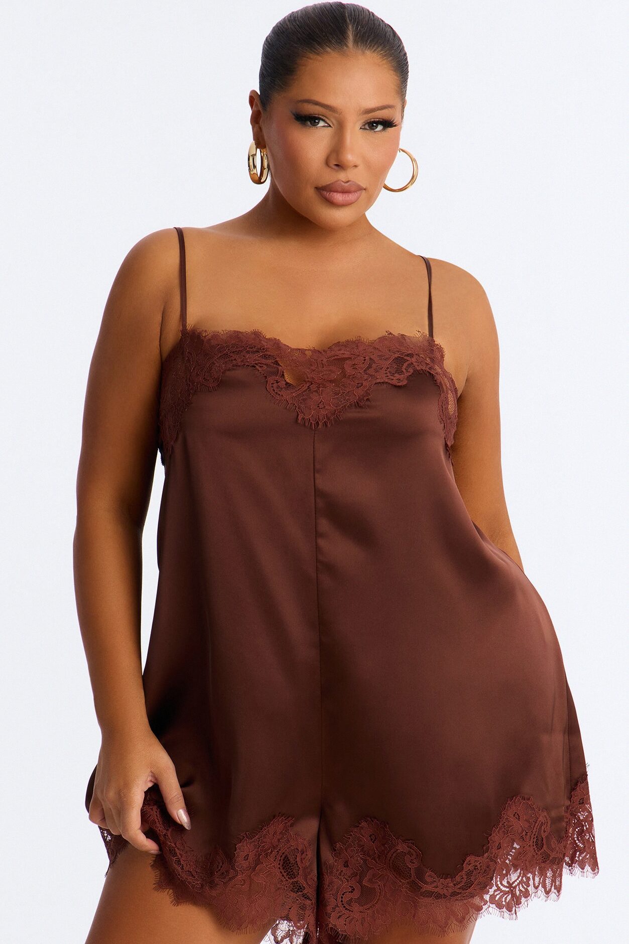 Hailey Lace Trim Satin Romper - Chocolate