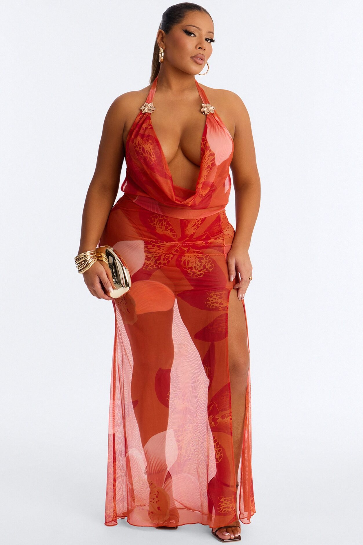 Under The Sun Backless Mesh Maxi Dress - Orange/combo