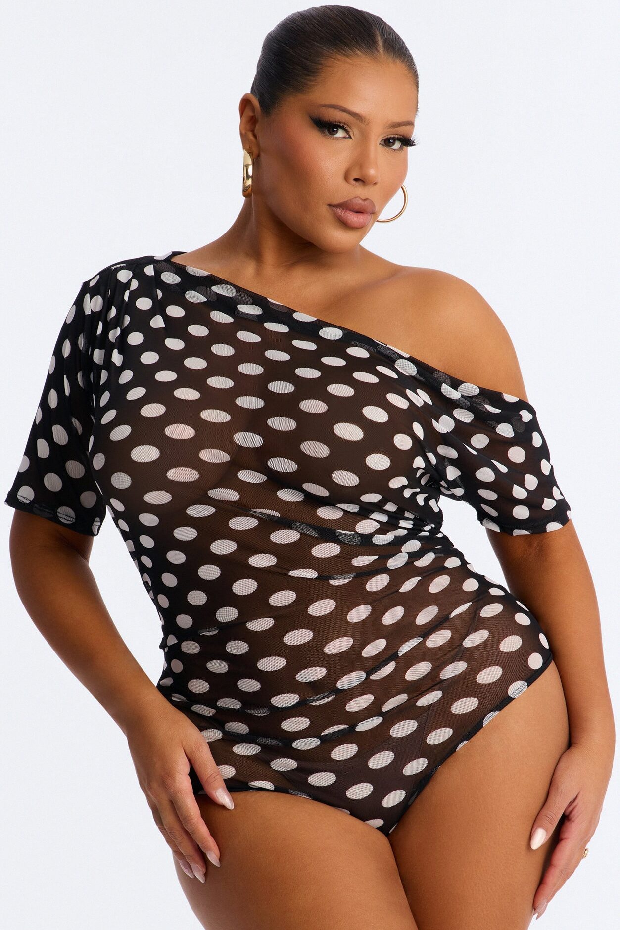 Lina Polka Dot Mesh Off Shoulder Short Sleeve Bodysuit - Black/combo