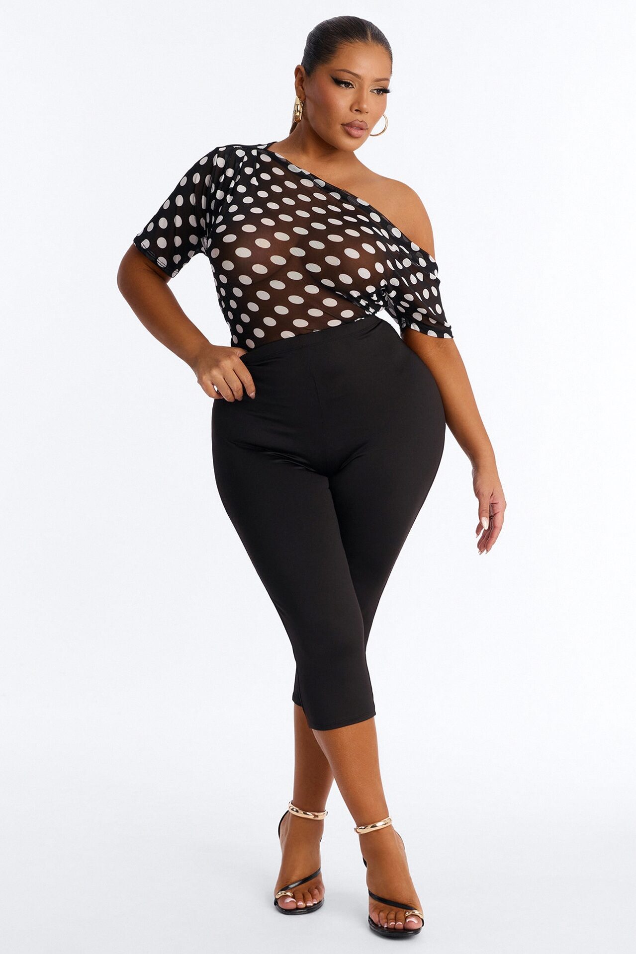 Lina Polka Dot Mesh Off Shoulder Short Sleeve Bodysuit - Black/combo