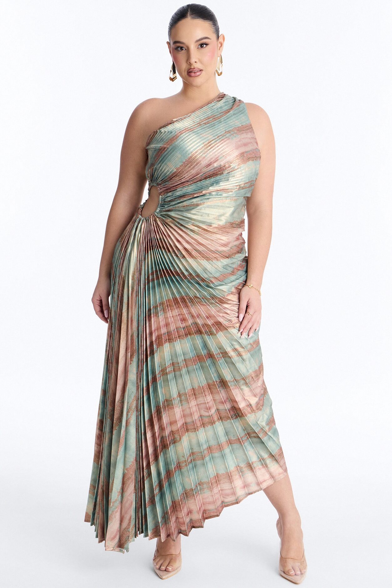 Elodie Metallic Pleated Gown - Sage/combo