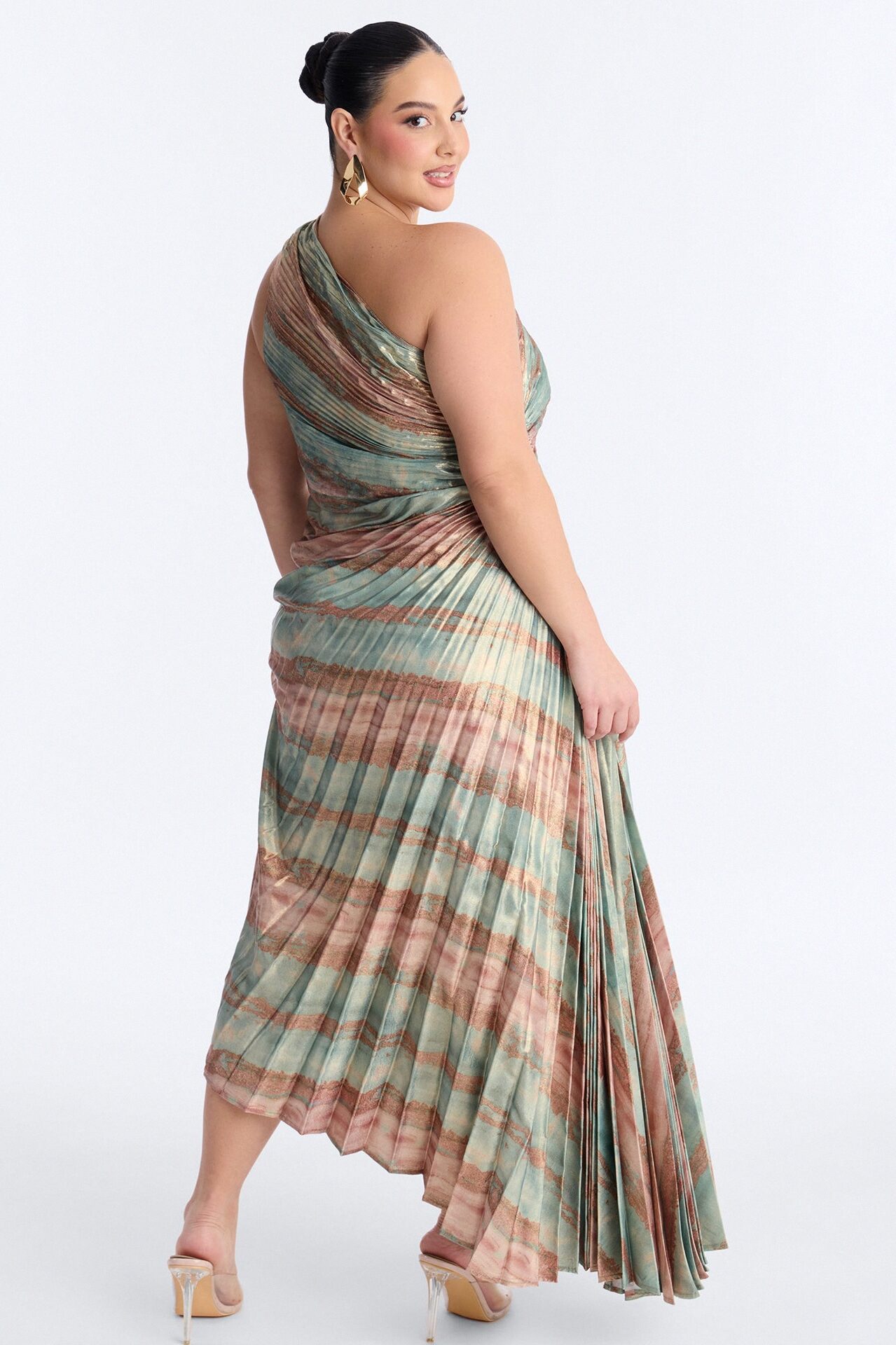 Elodie Metallic Pleated Gown - Sage/combo