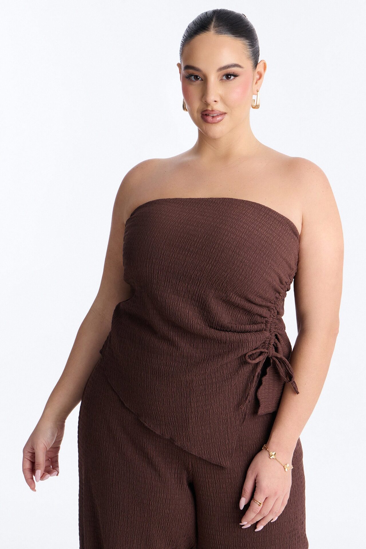 Elise Strapless Textured Pant Set - Chocolate
