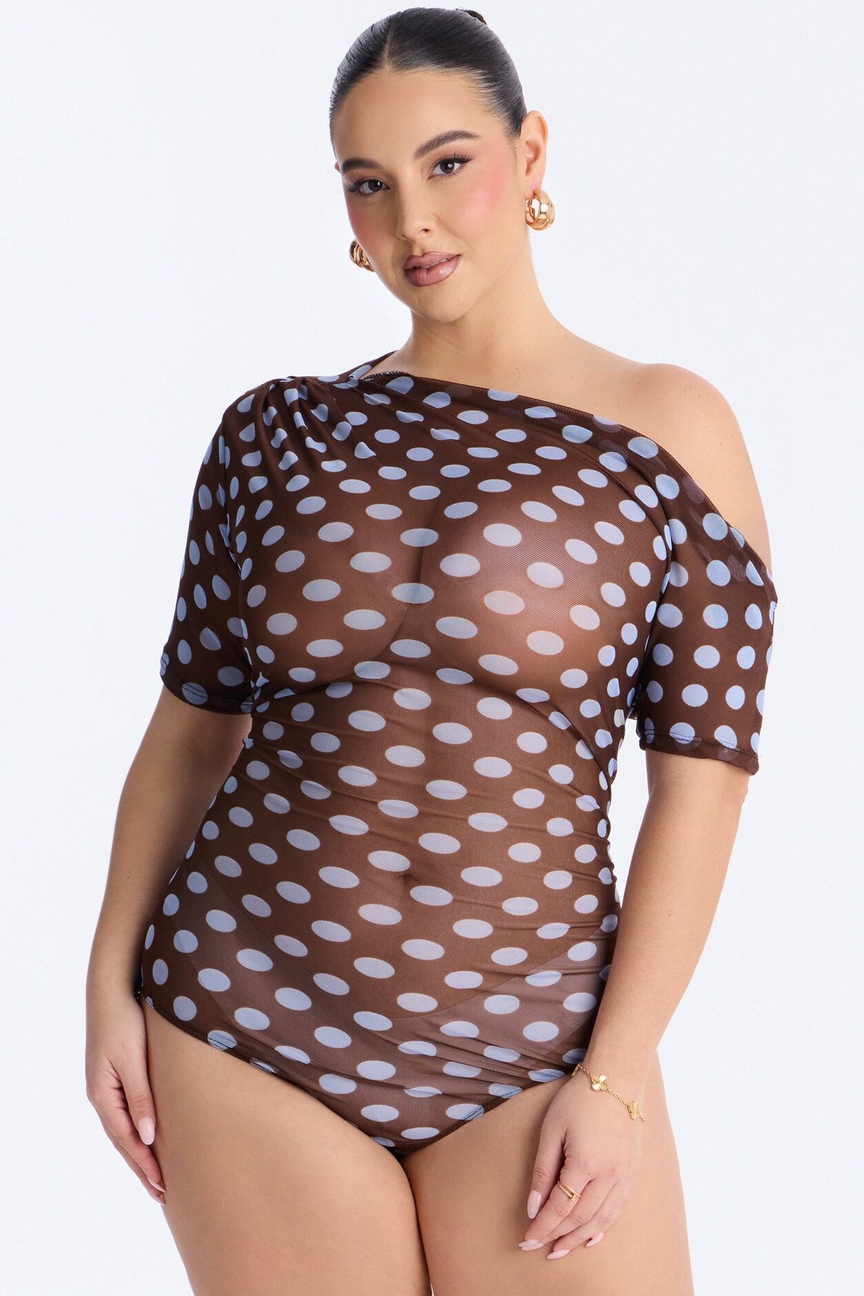 Lina Polka Dot Mesh Off Shoulder Short Sleeve Bodysuit - Brown/combo