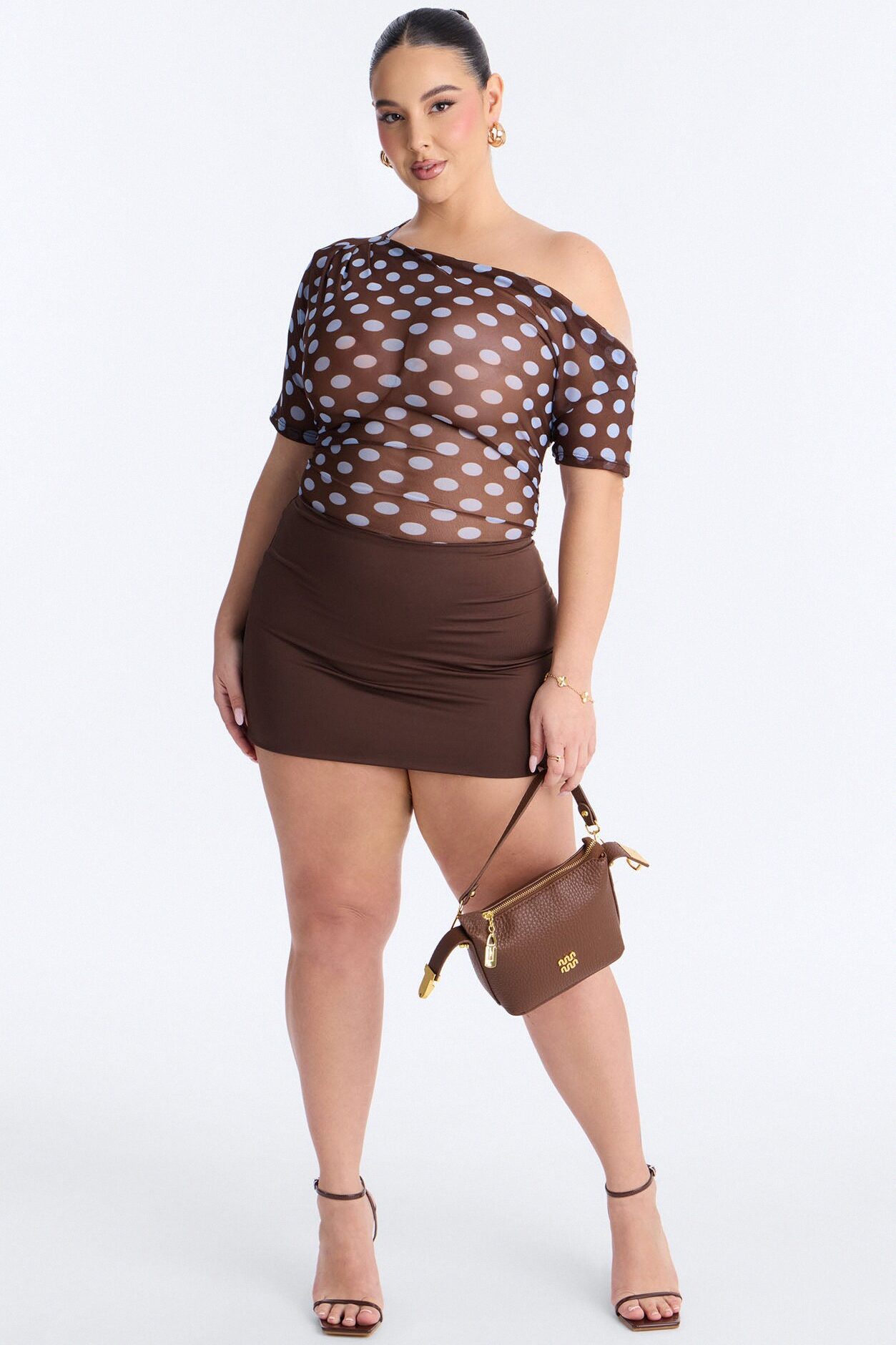 Lina Polka Dot Mesh Off Shoulder Short Sleeve Bodysuit - Brown/combo