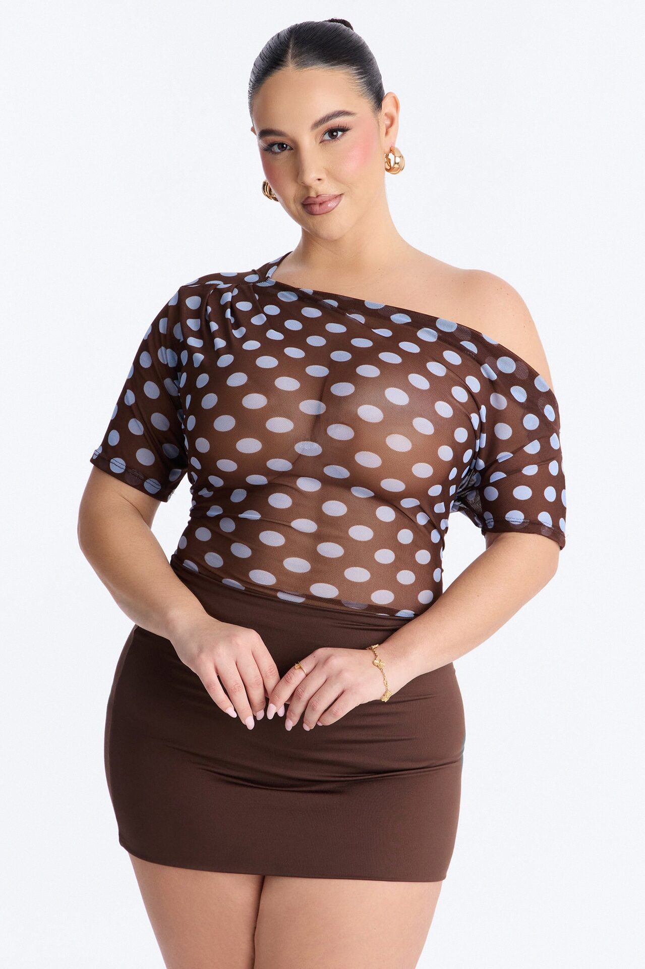 Lina Polka Dot Mesh Off Shoulder Short Sleeve Bodysuit - Brown/combo