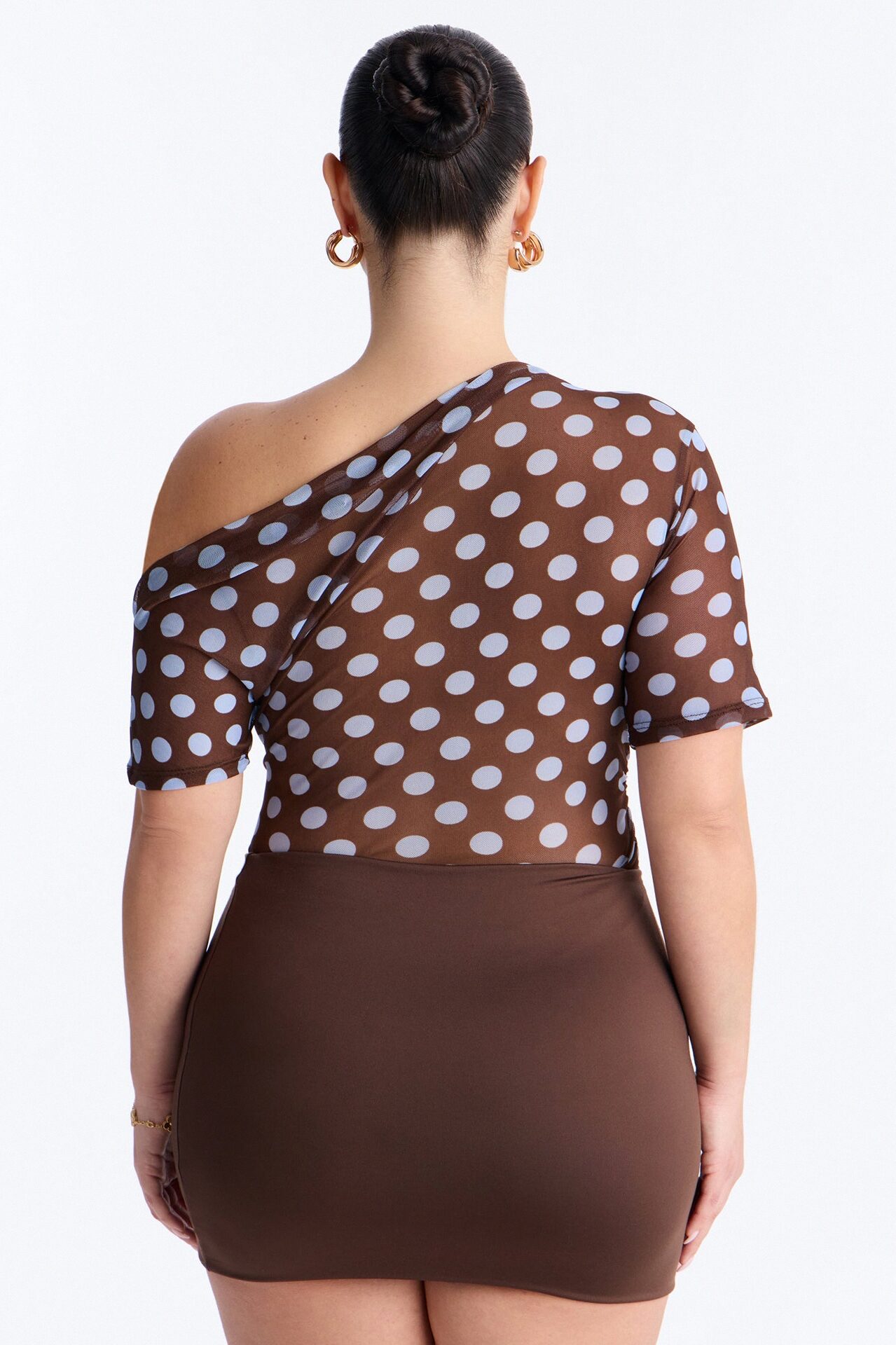 Lina Polka Dot Mesh Off Shoulder Short Sleeve Bodysuit - Brown/combo