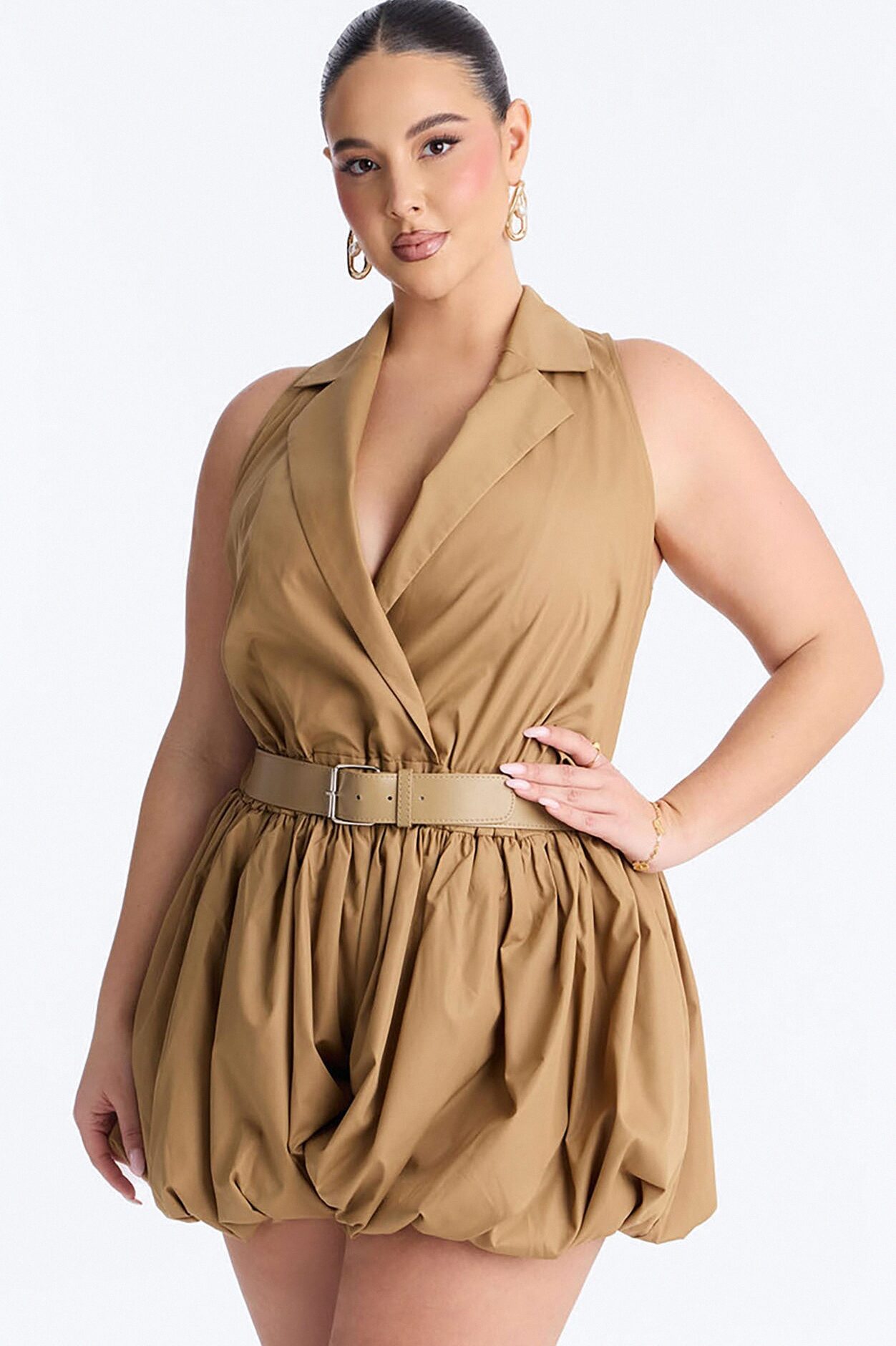 Cecille Poplin Belted Romper - Tan