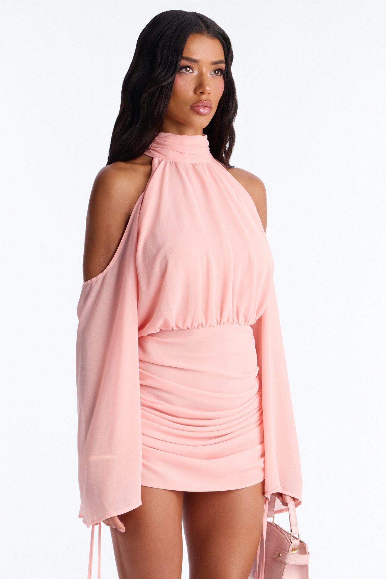 Kyra Cold Shoulder Chiffon Mini Dress - Pink