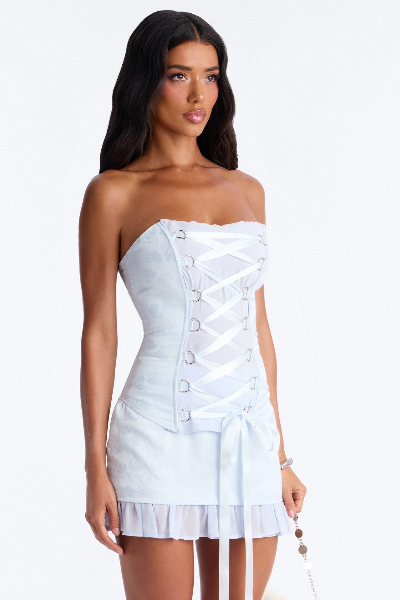 Spring Floral Jacquard Lace Up Corset Top - Light Blue
