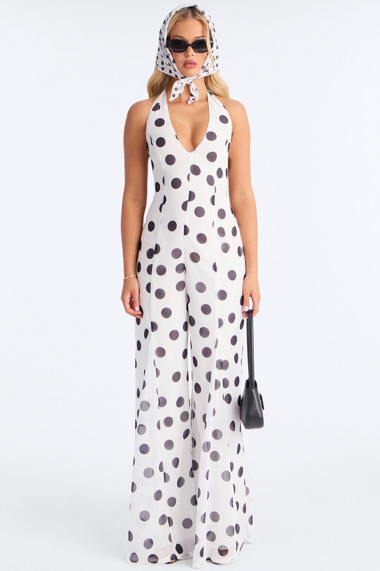 Bella Polka Dot Chiffon Headscarf And Jumpsuit - White/Black