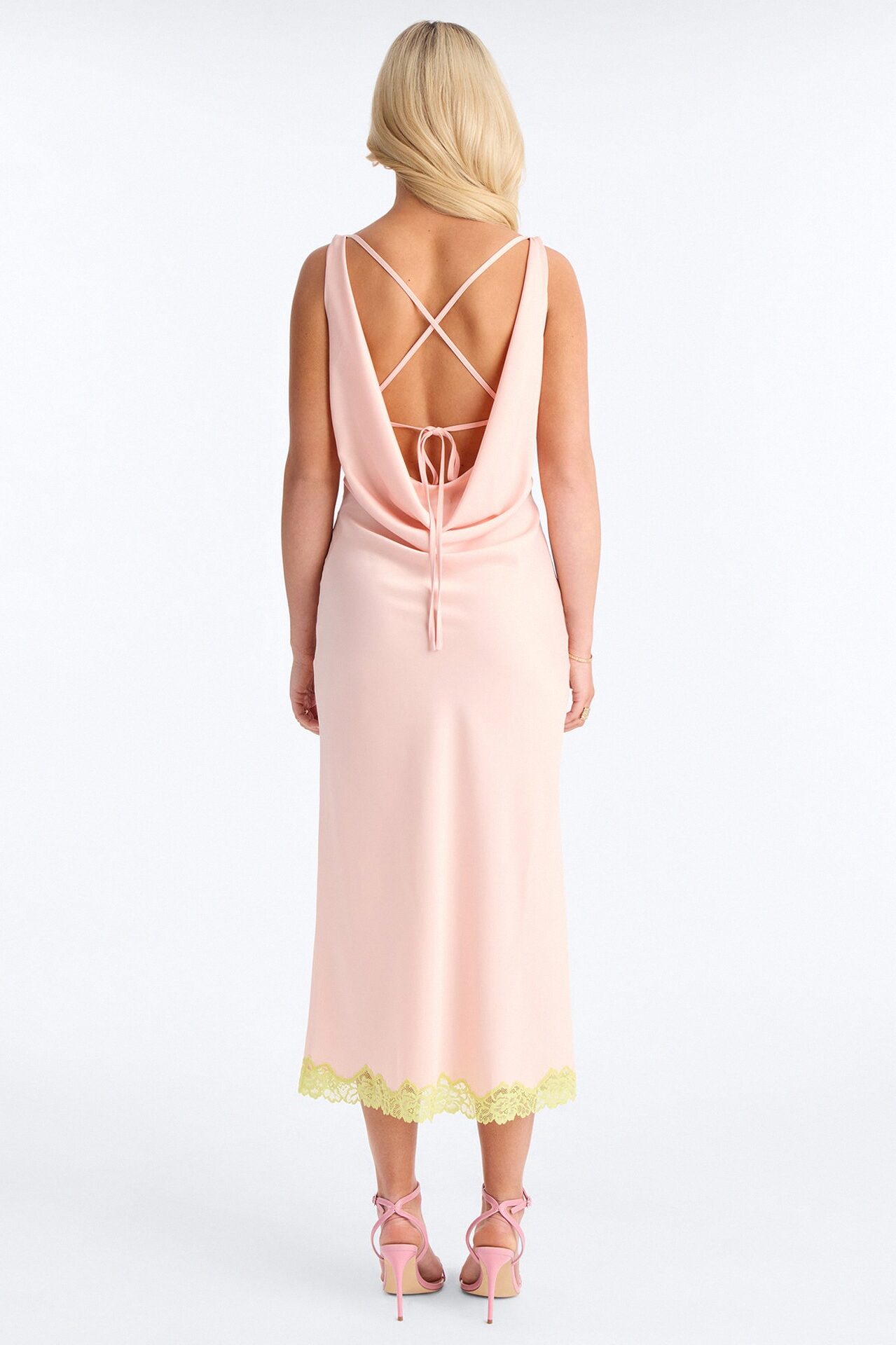 Sweet Satin Lace Trim Midi Dress - Pink/combo