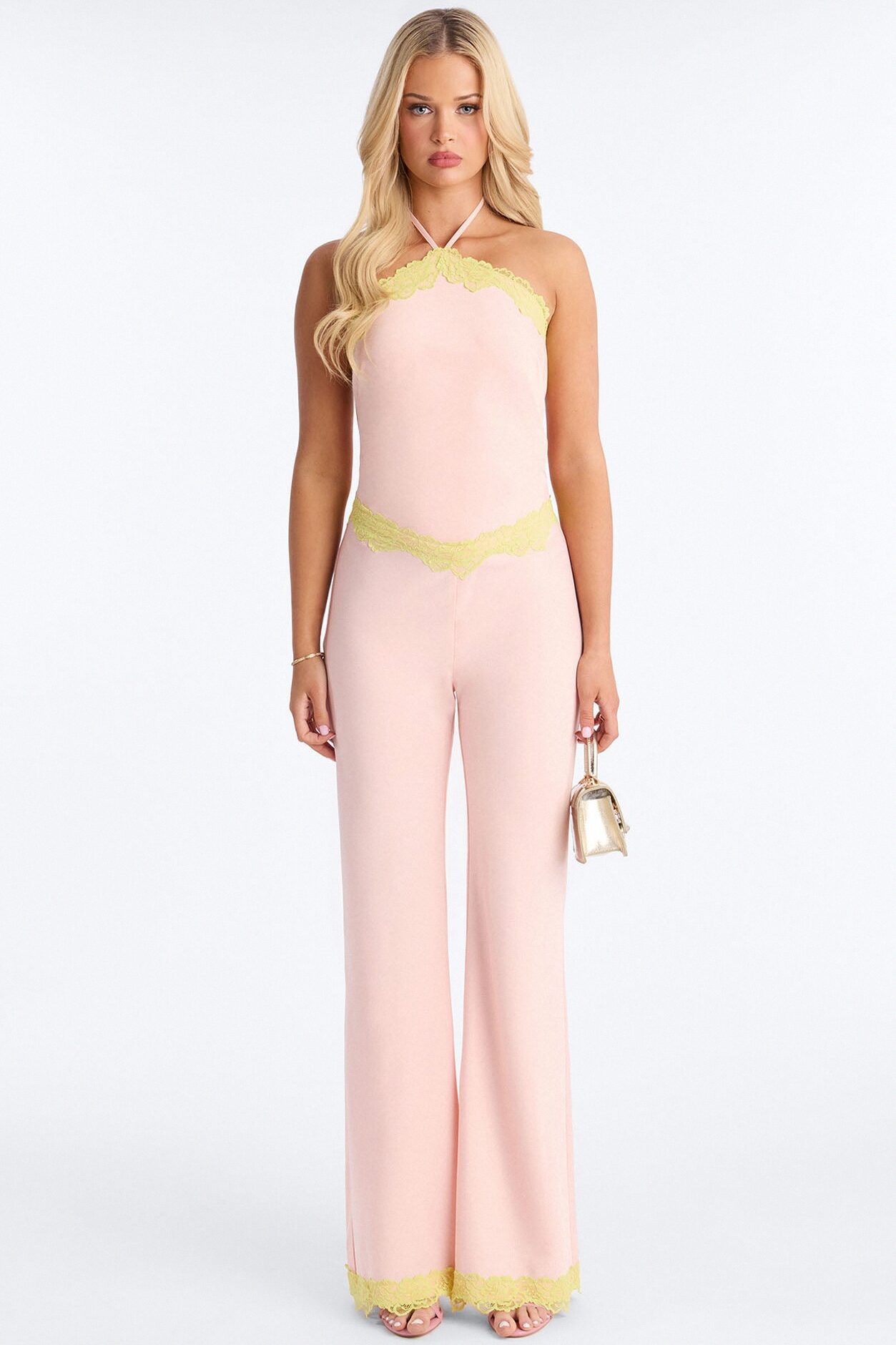 Sweet Satin Lace Trim Jumpsuit - Pink/combo