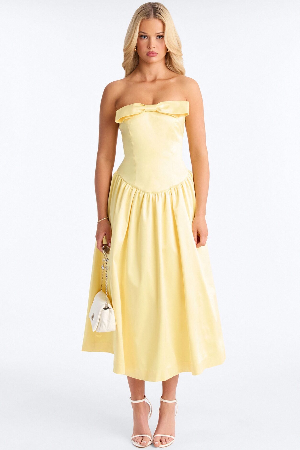 Darling Bow Satin Midi Dress - Butter Yellow