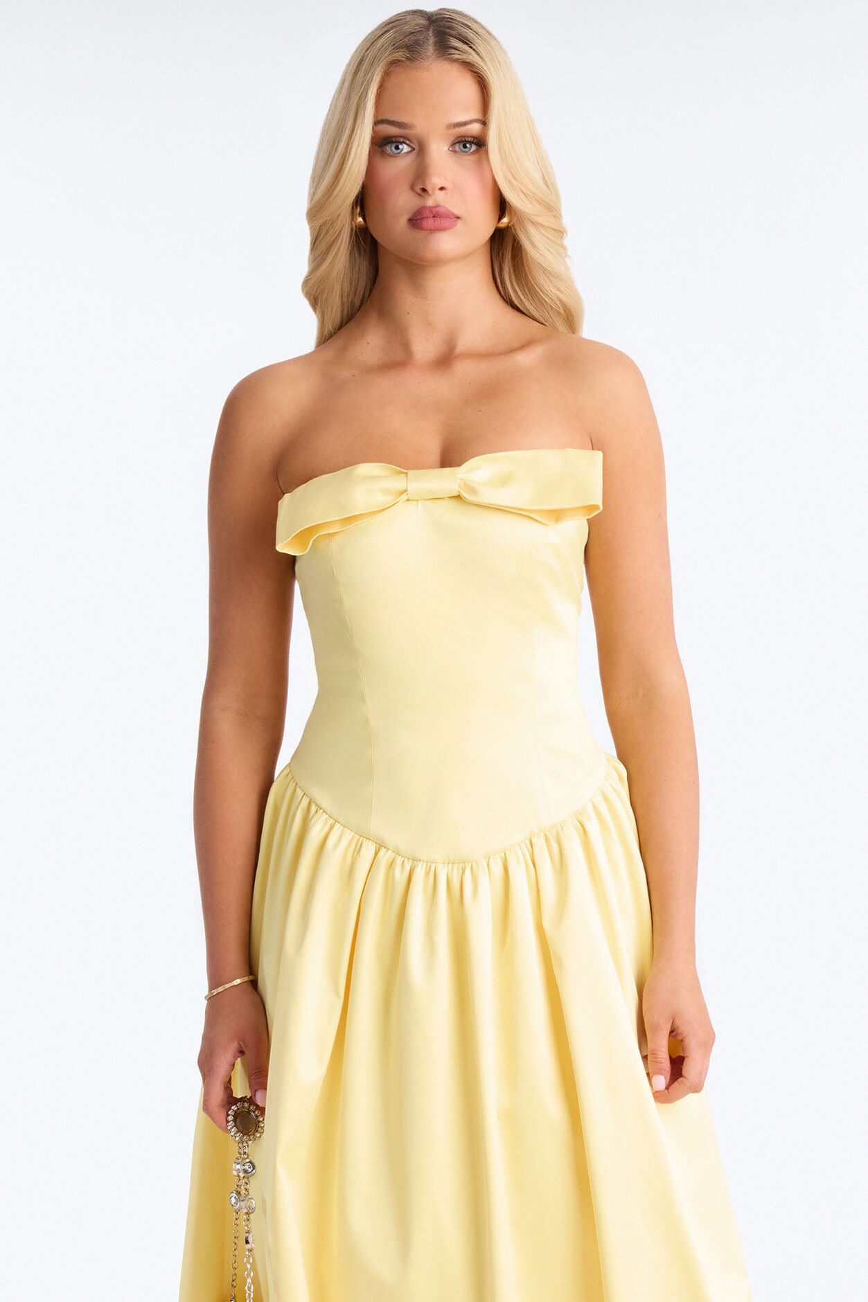 Darling Bow Satin Midi Dress - Butter Yellow