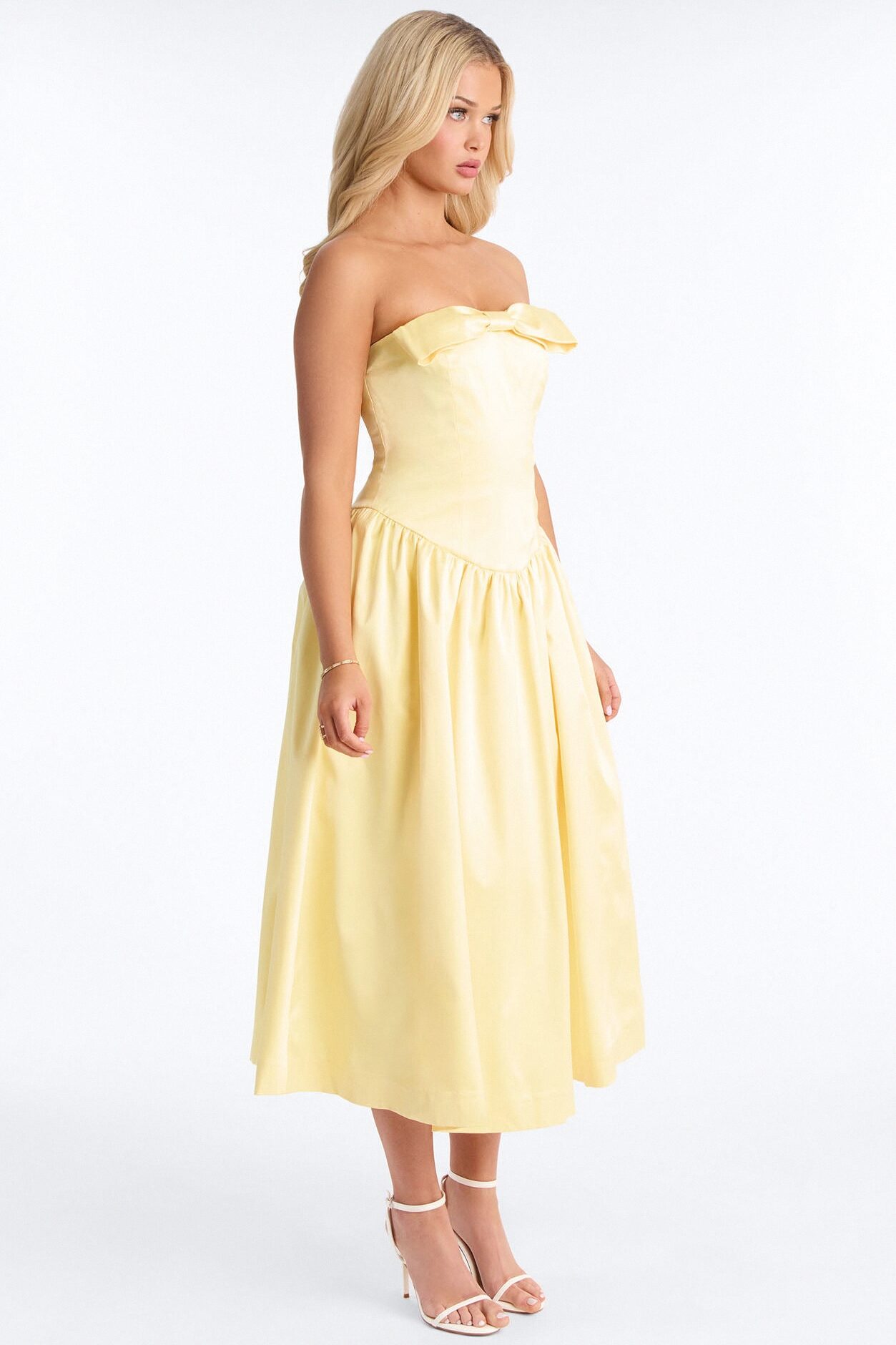 Darling Bow Satin Midi Dress - Butter Yellow