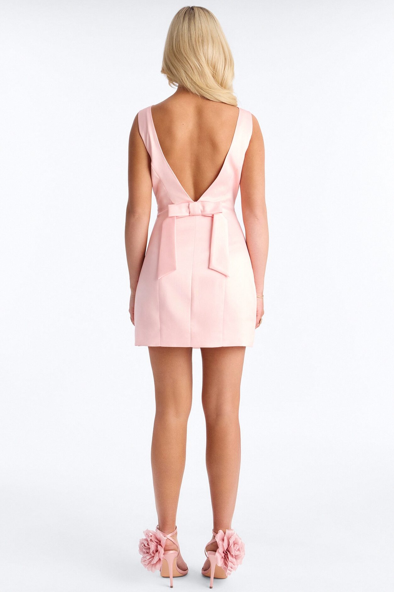 Darling Bow Satin Backless Mini Dress - Light Pink
