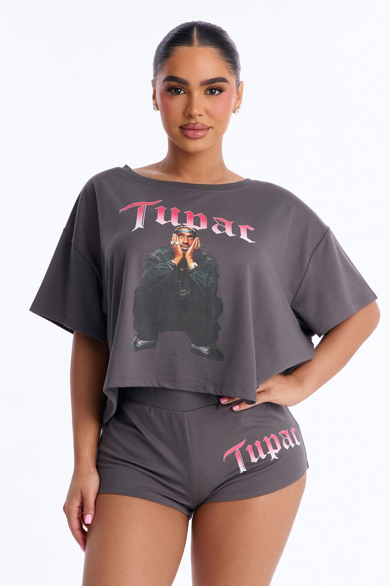 Tupac Sitting PJ Short Set - Acid Wash Grey