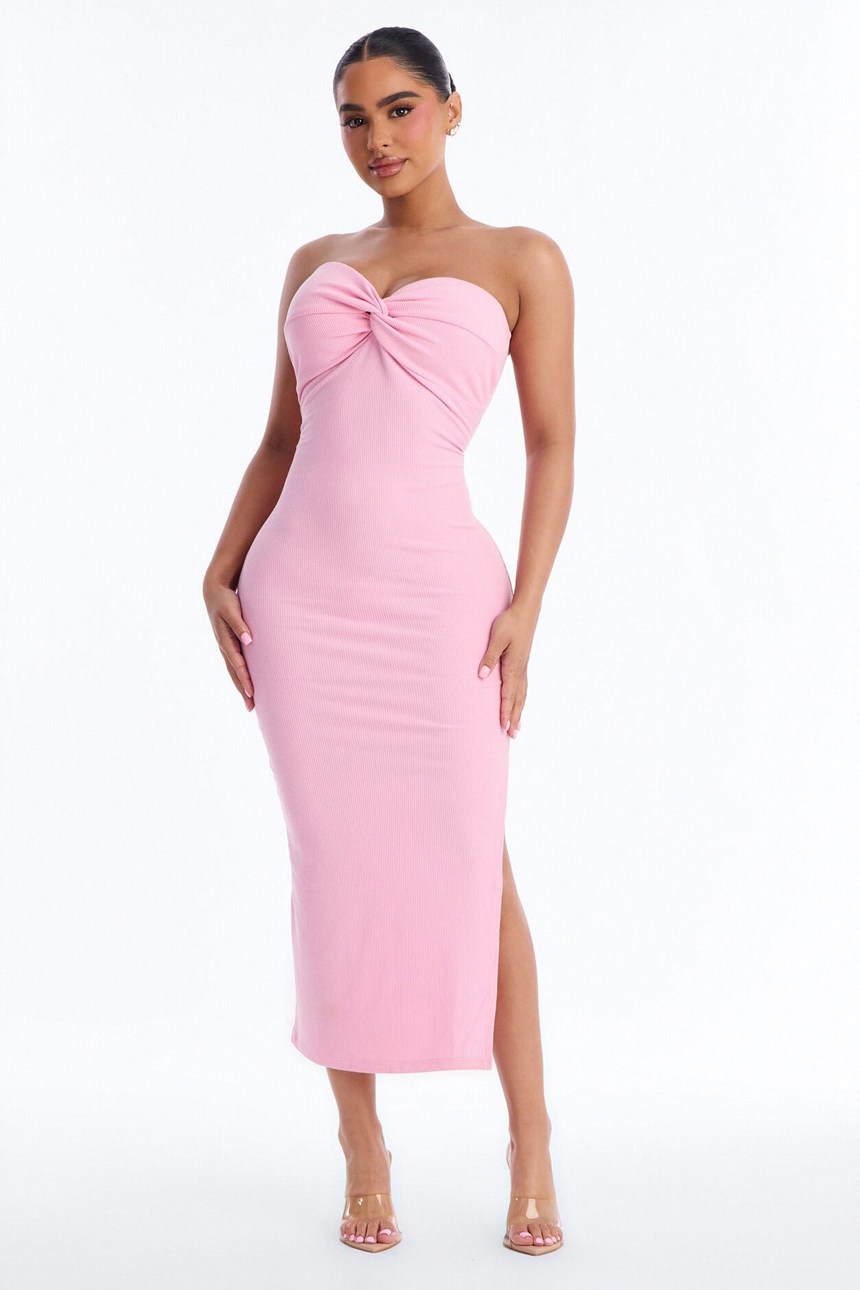 Breanna Twist Ribbed Midi Dress - Pink
