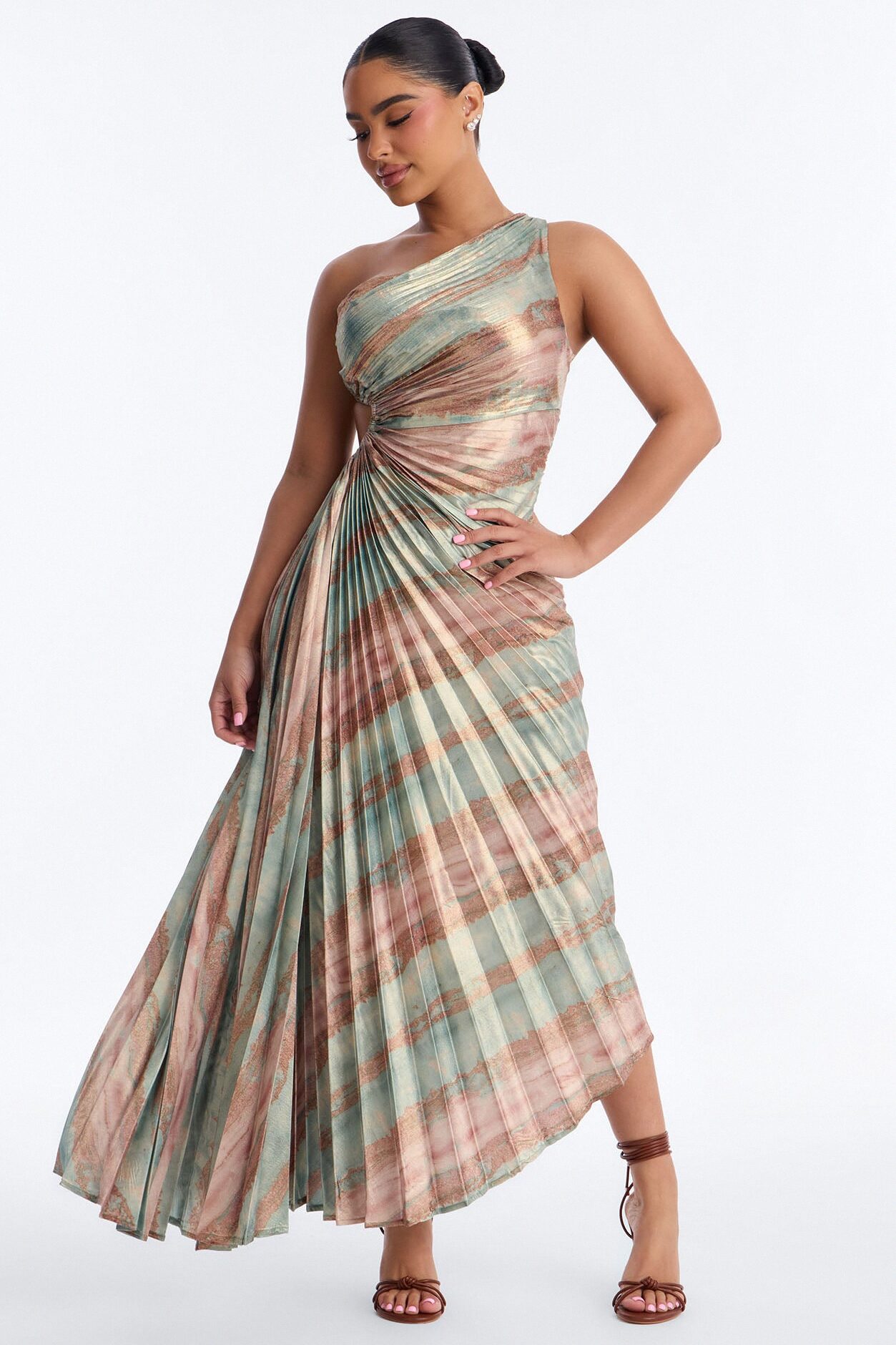 Elodie Metallic Pleated Gown - Sage/combo