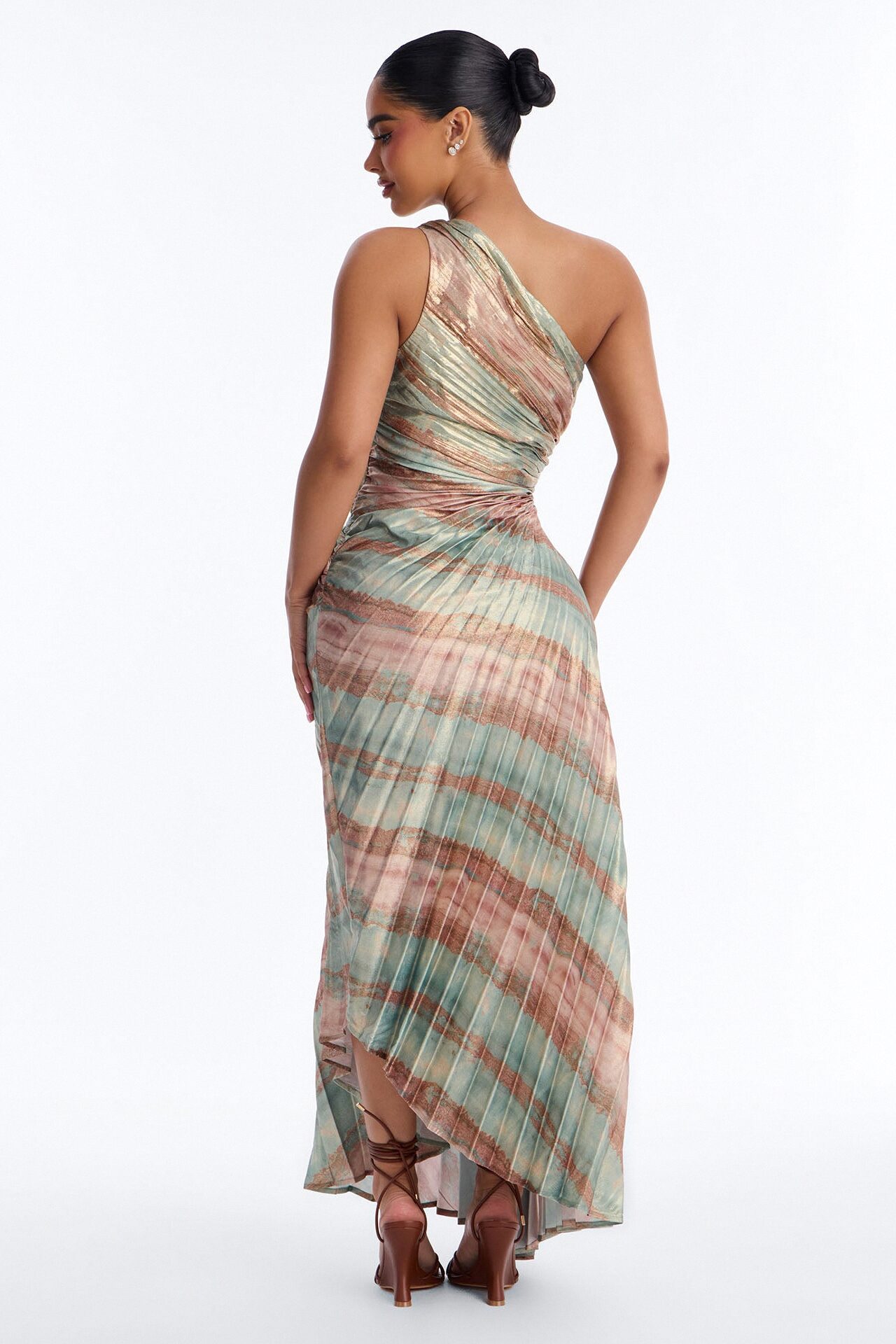 Elodie Metallic Pleated Gown - Sage/combo