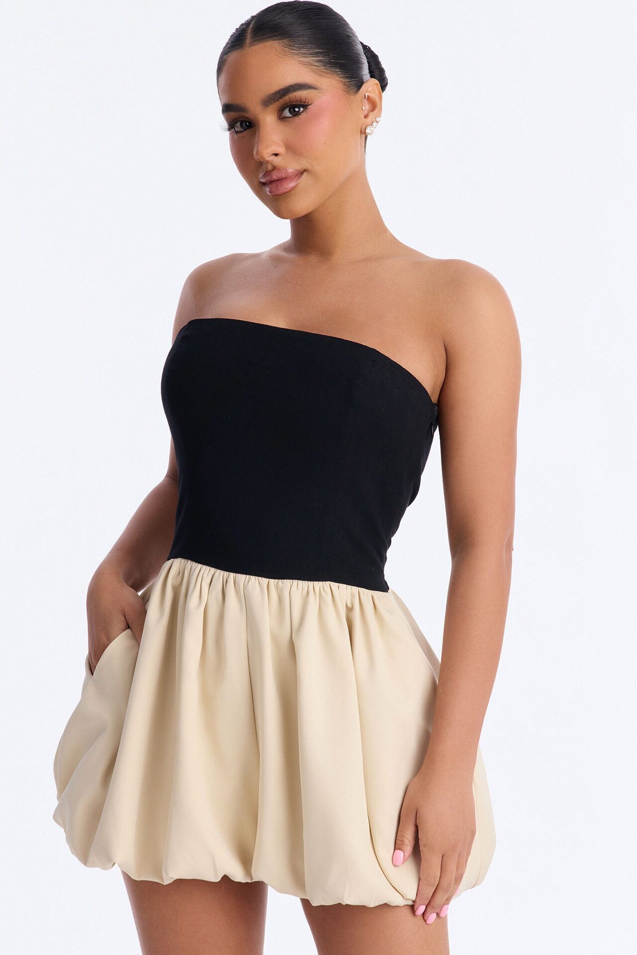 Ria Strapless Bubble Romper - Beige