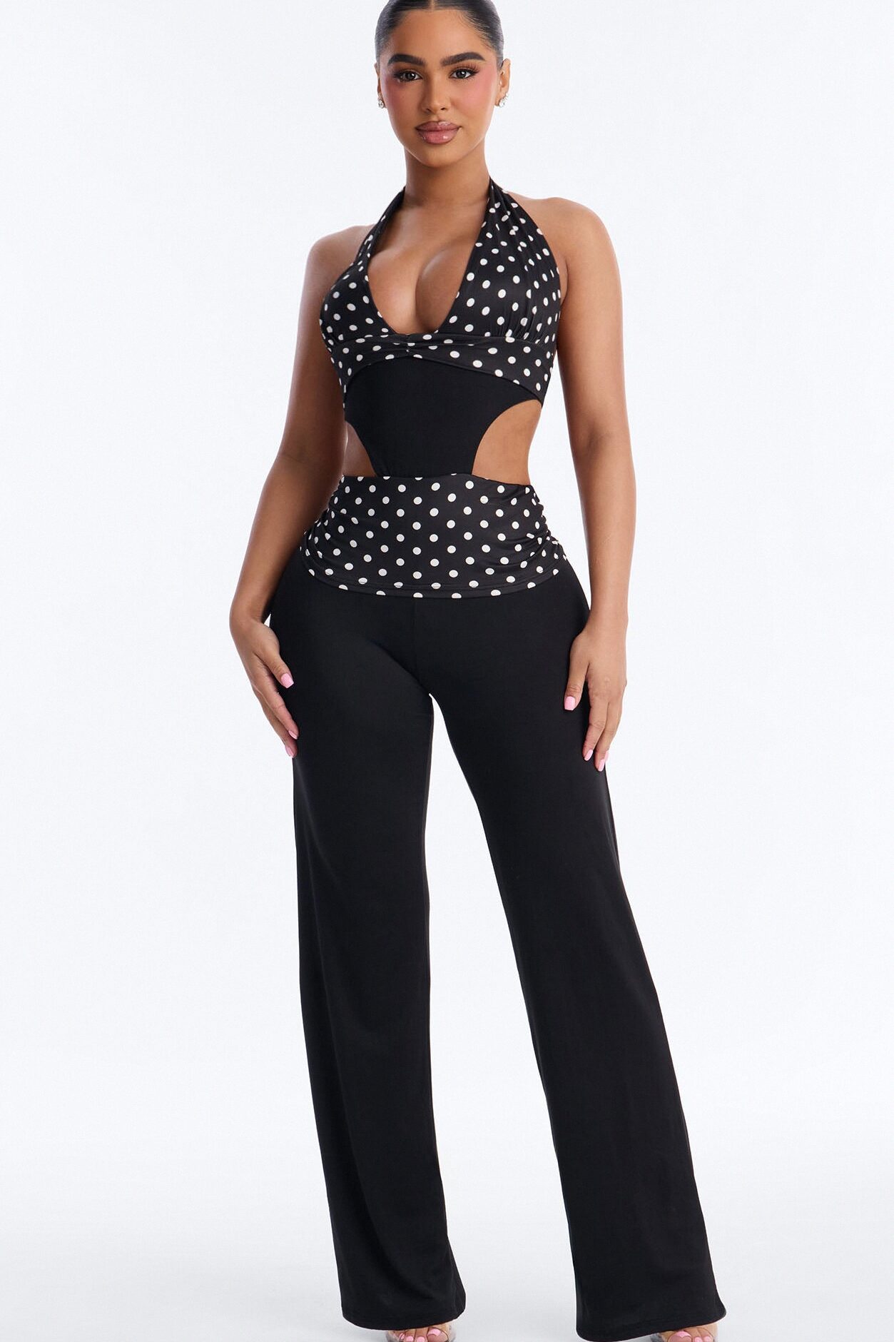 Kalana Polka Dot Flare Jumpsuit - Black