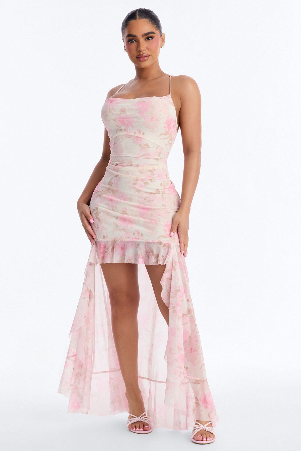 Calista Asymmetrical Mesh Maxi Dress - Pink/combo