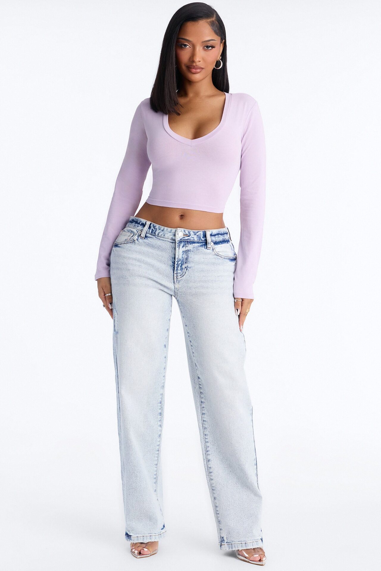 Carly V Neck Crop Long Sleeve Tee - Lilac
