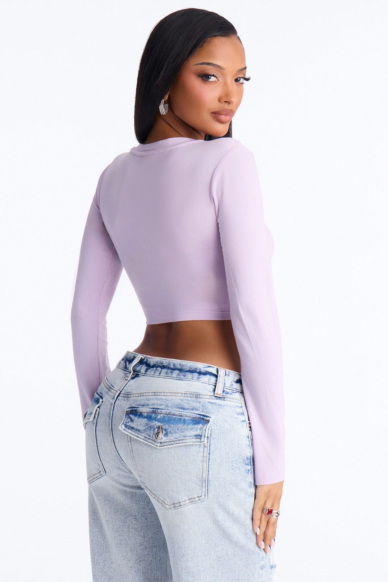 Carly V Neck Crop Long Sleeve Tee - Lilac