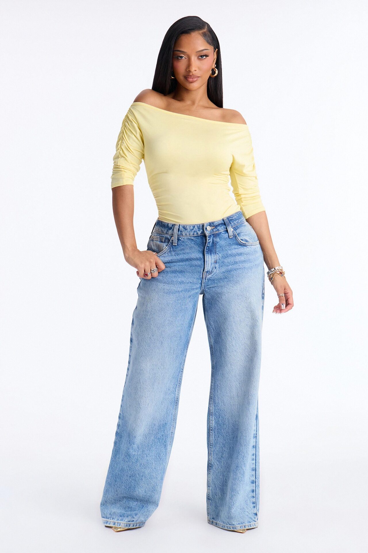 Lola Boat Neck Ruched Sleeve Bodysuit - Butter Yellow
