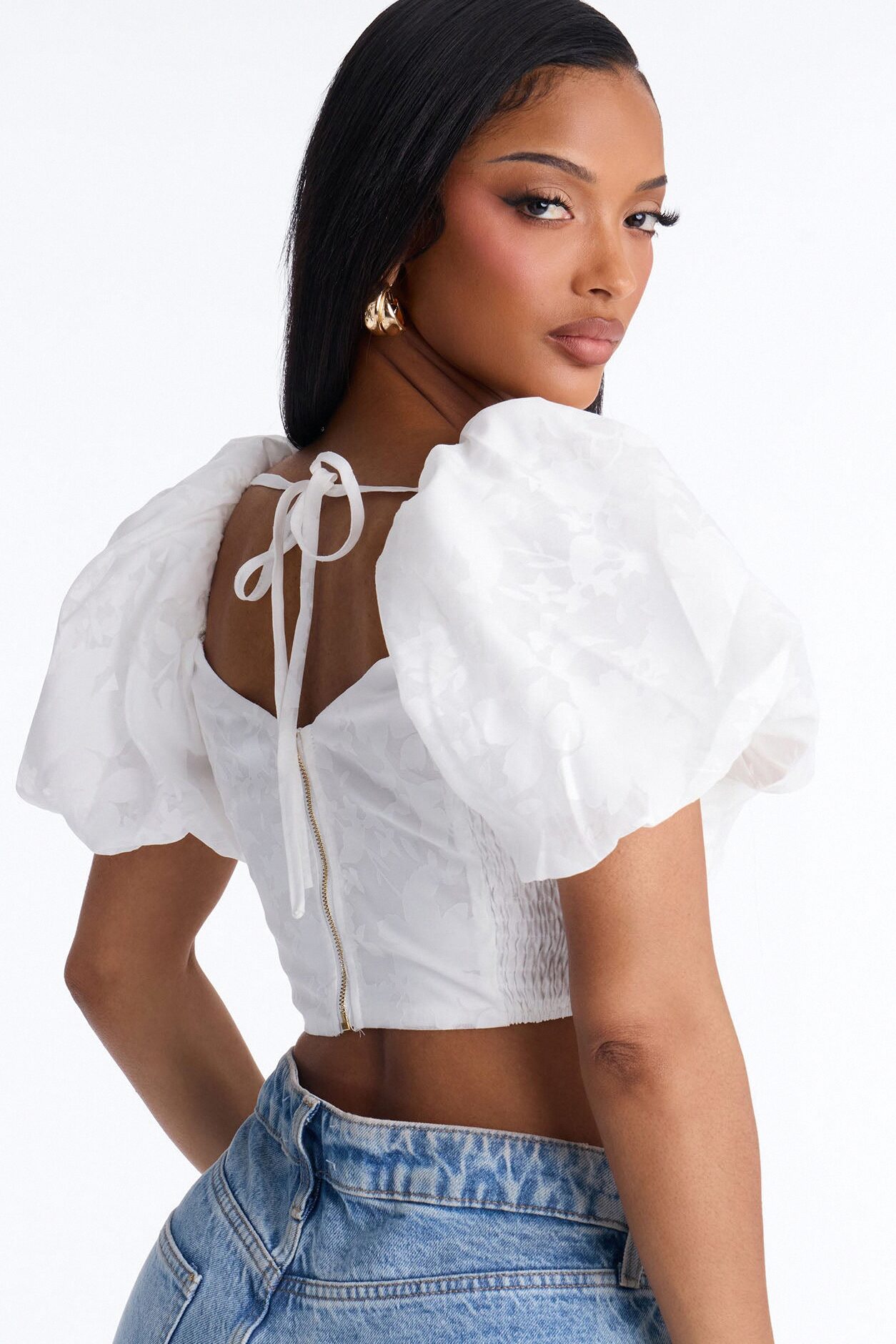 Ayla Puff Sleeve Cropped Top - White