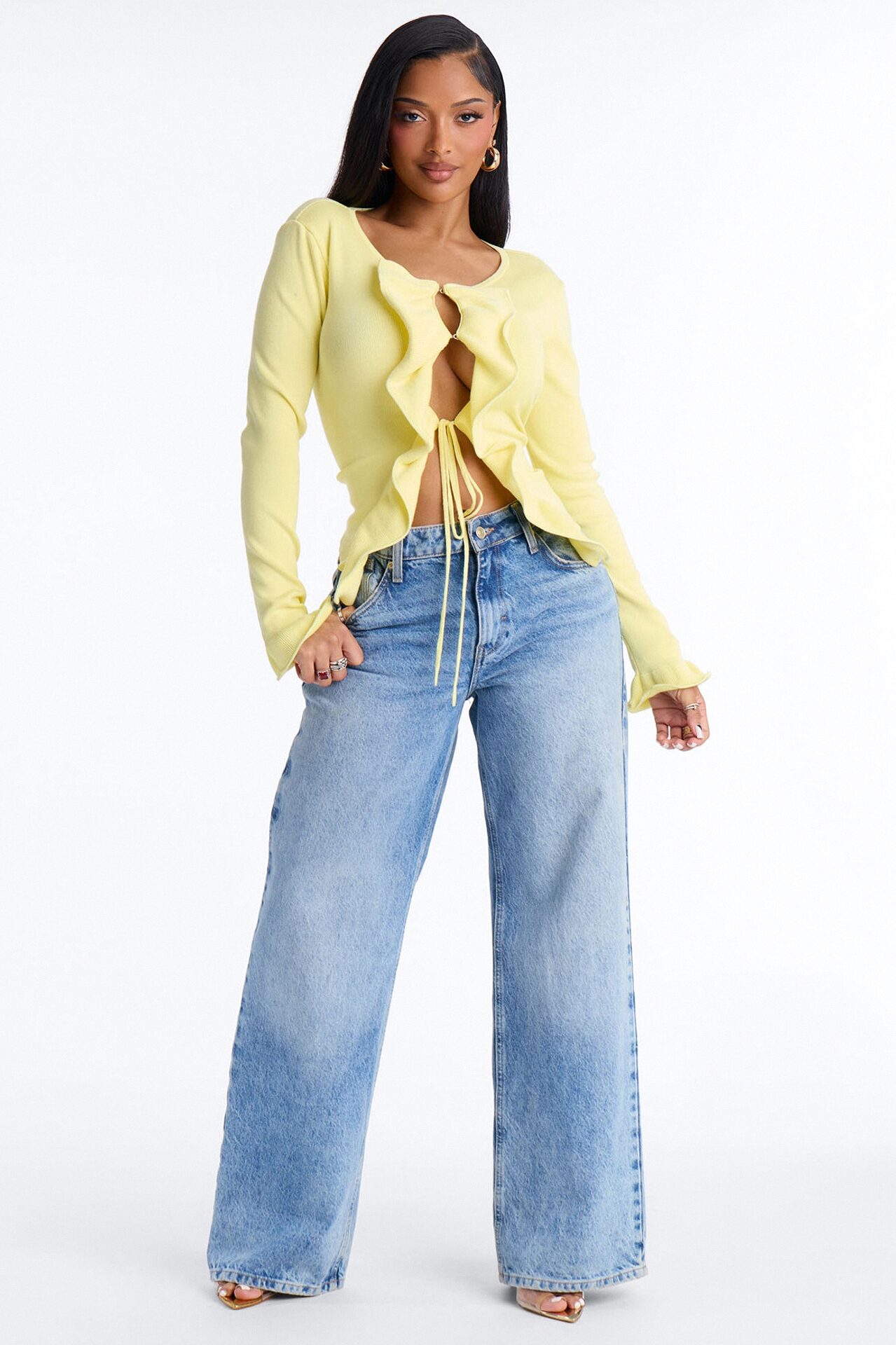 Cecily Ruffle Tie Front Cardigan Sweater - Yellow