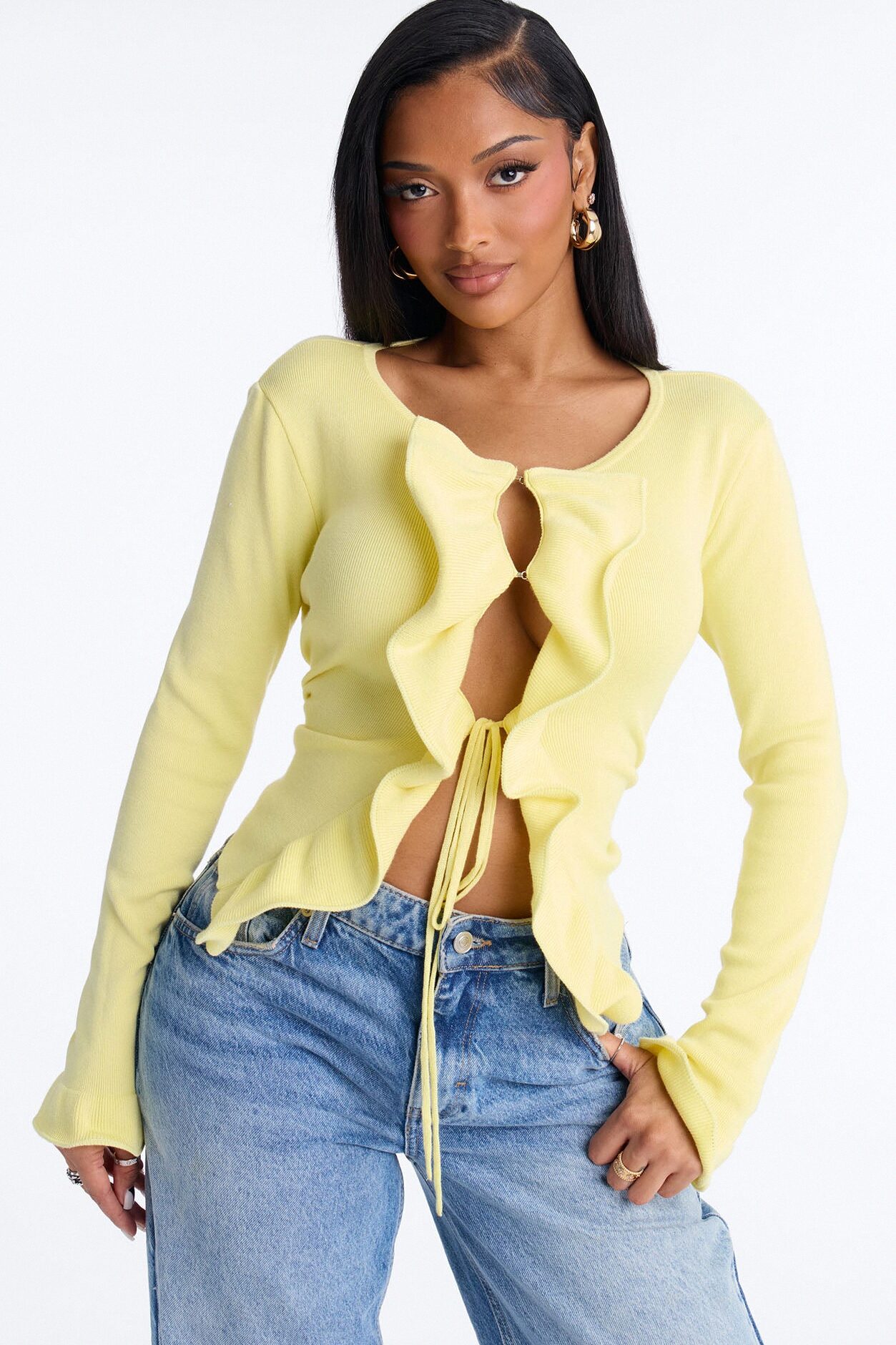 Cecily Ruffle Tie Front Cardigan Sweater - Yellow