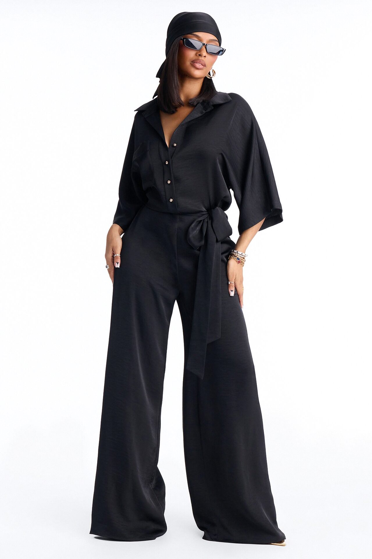 Angelina Satin 2 Piece Jumpsuit Set - Black
