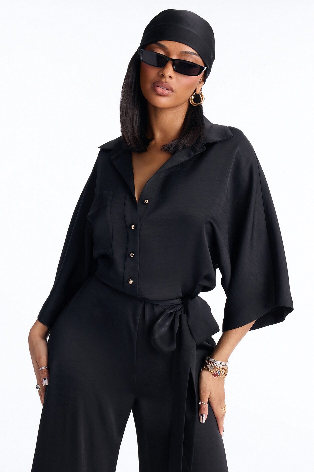 Angelina Satin 2 Piece Jumpsuit Set - Black