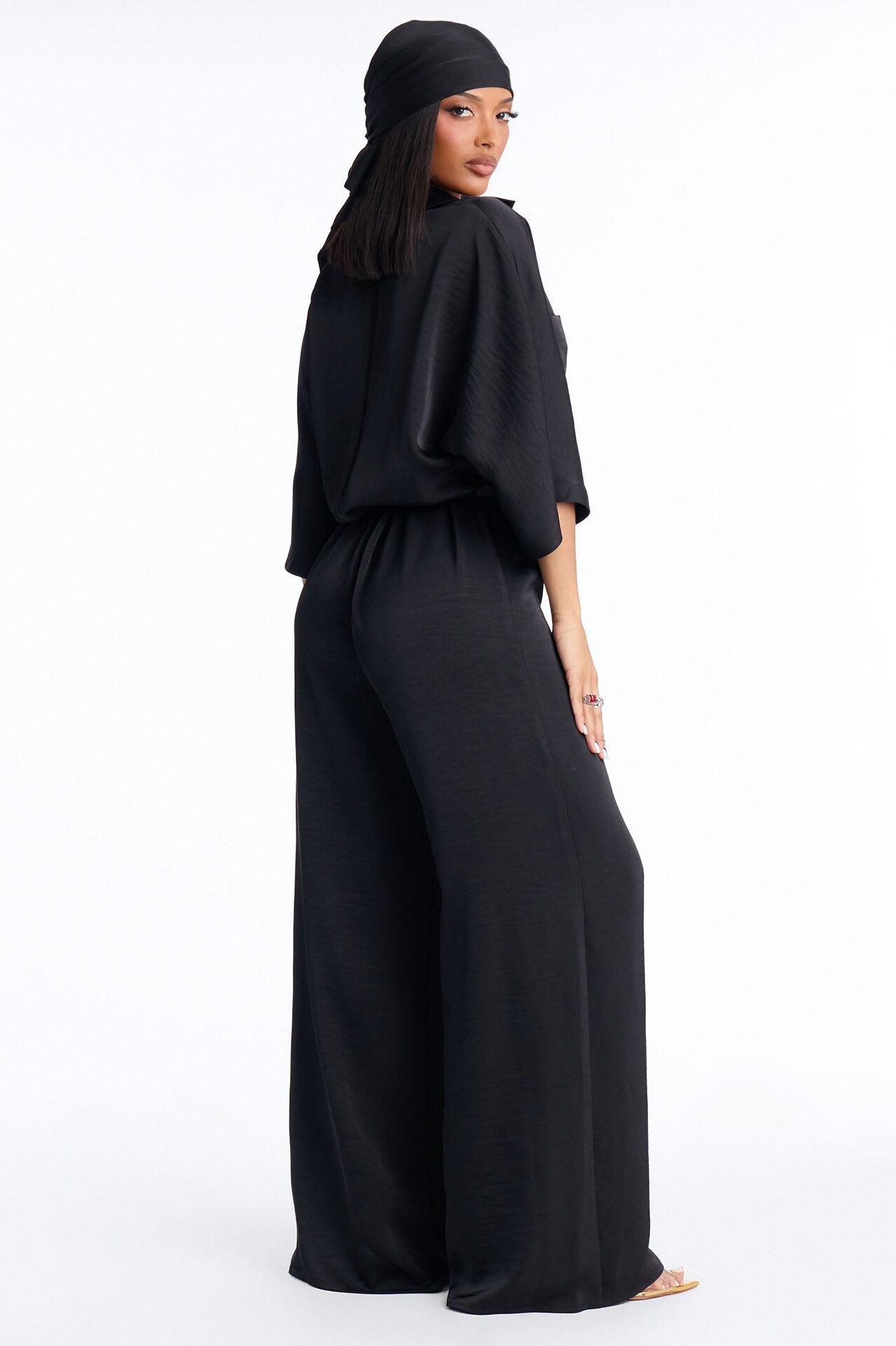 Angelina Satin 2 Piece Jumpsuit Set - Black