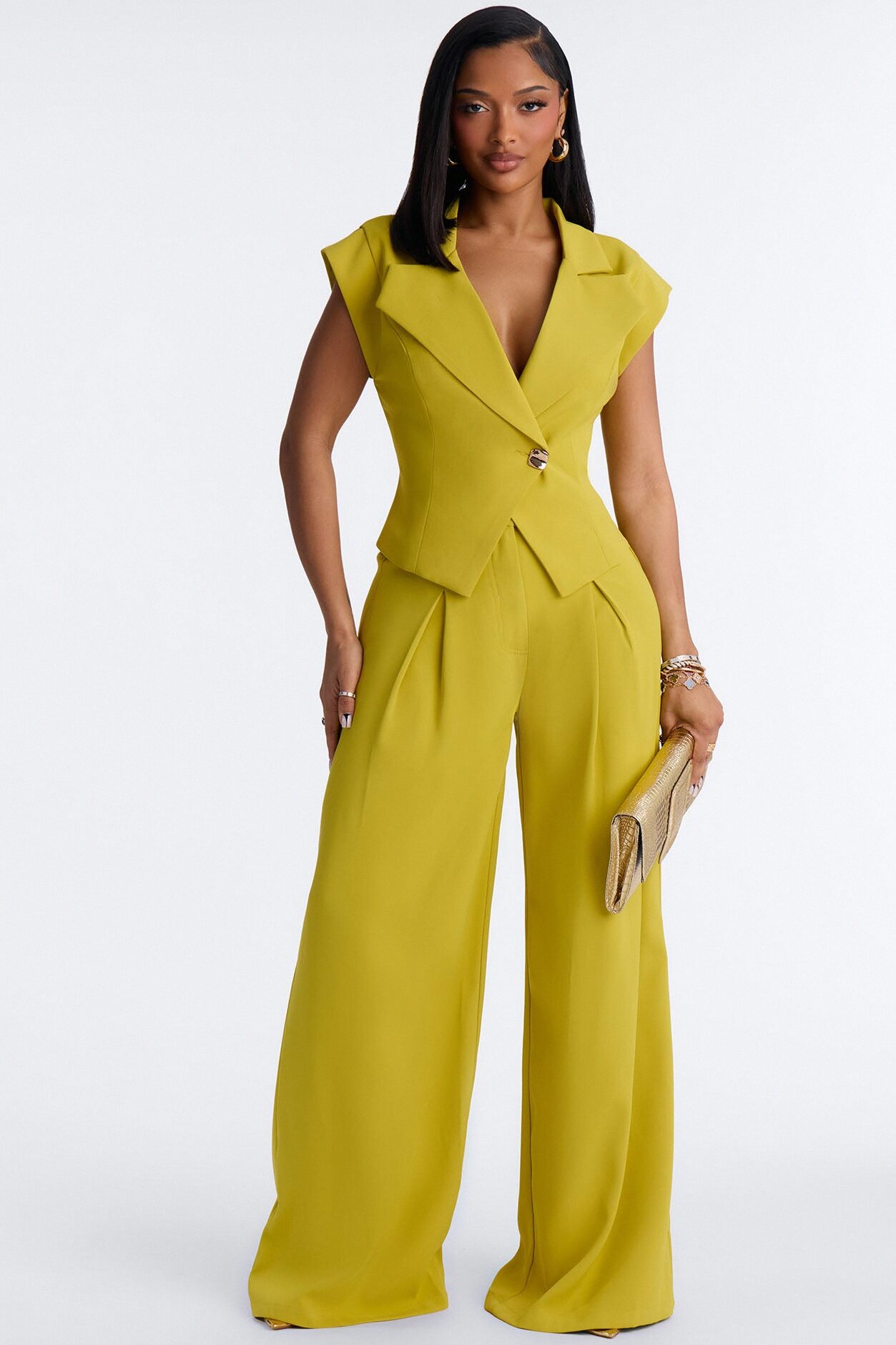 Feeling Polished Cinched Vest Pant Set - Chartreuse
