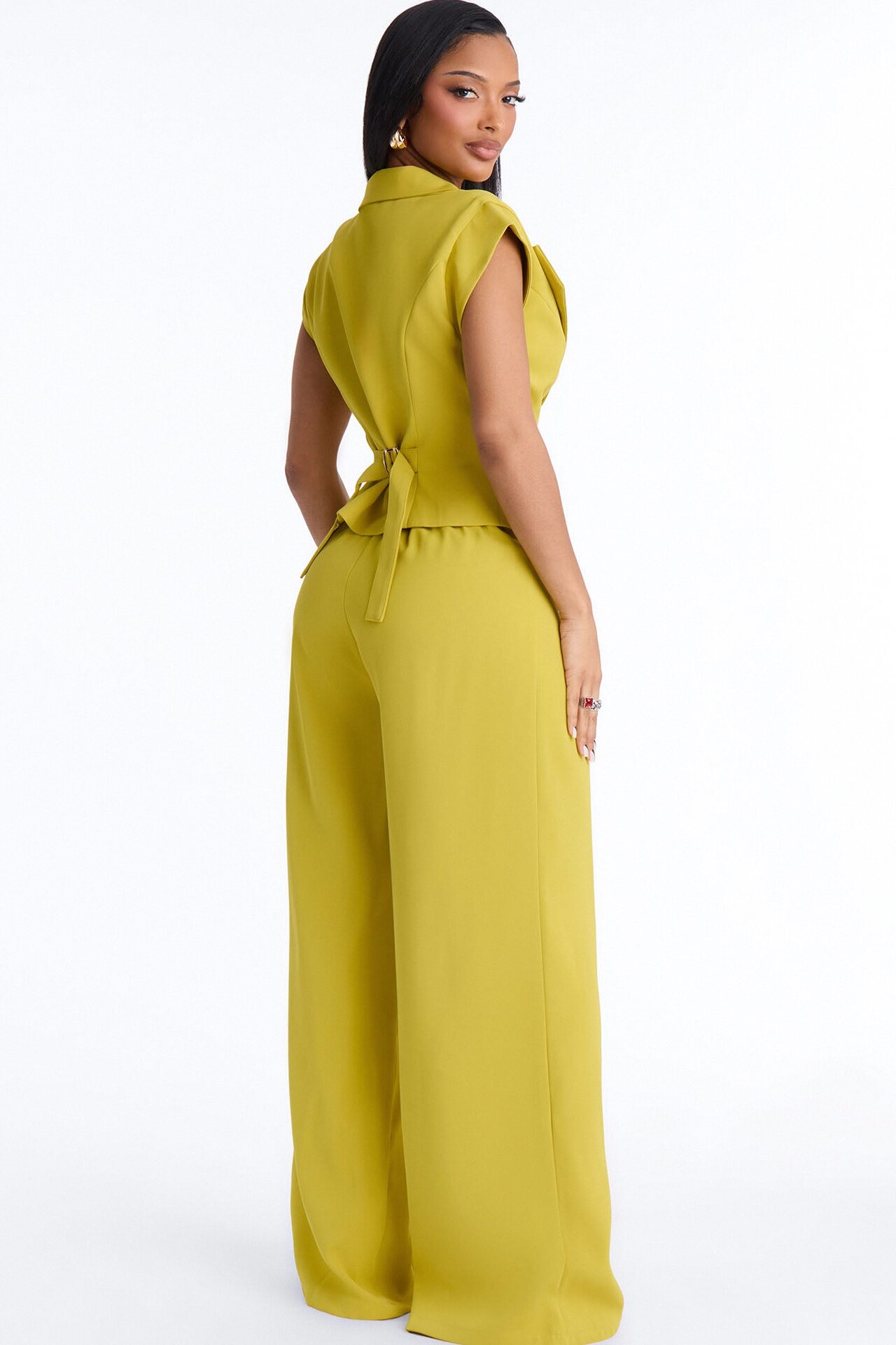 Feeling Polished Cinched Vest Pant Set - Chartreuse