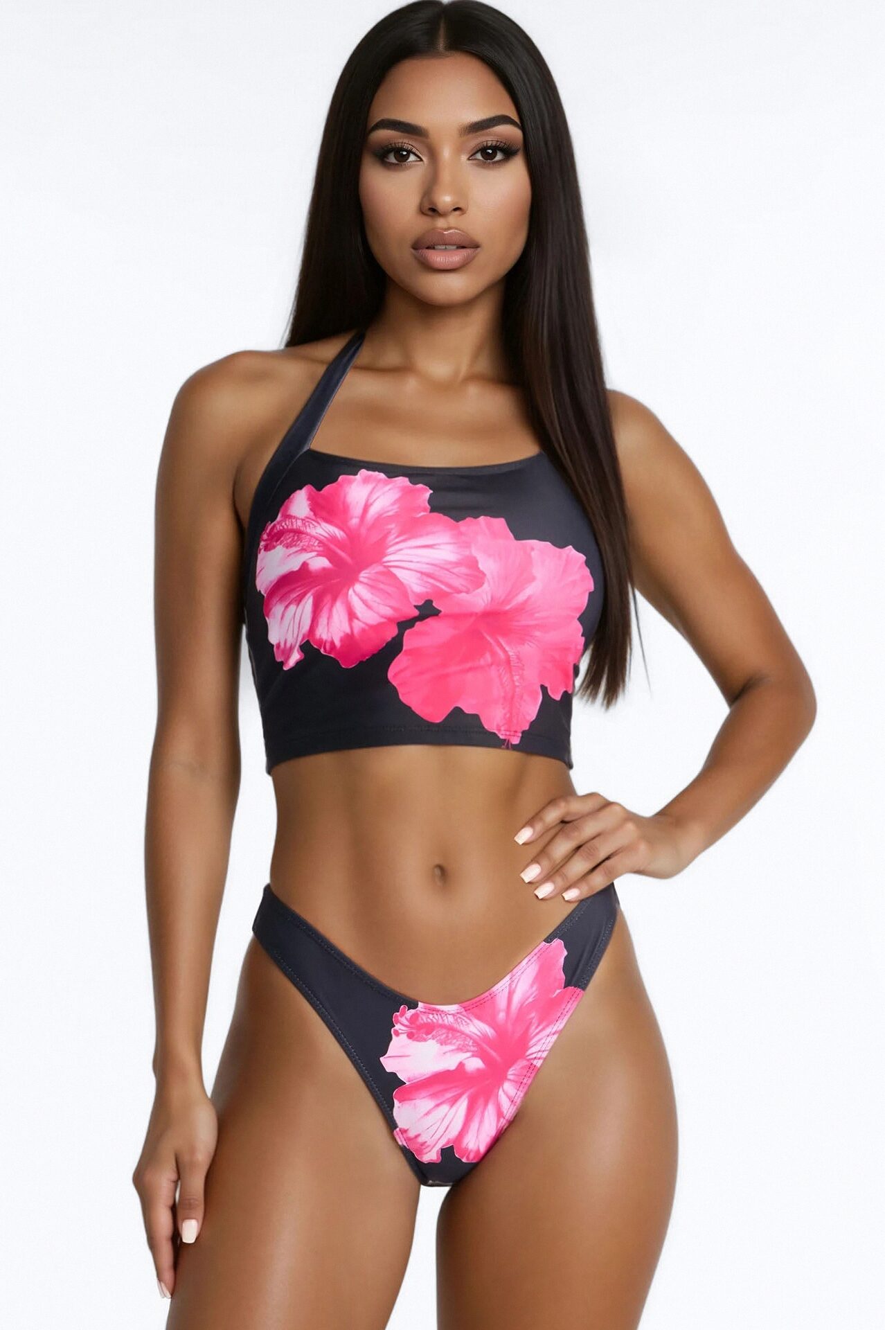 Mabel 2 Piece Floral Tankini Bikini Set - Black/Pink