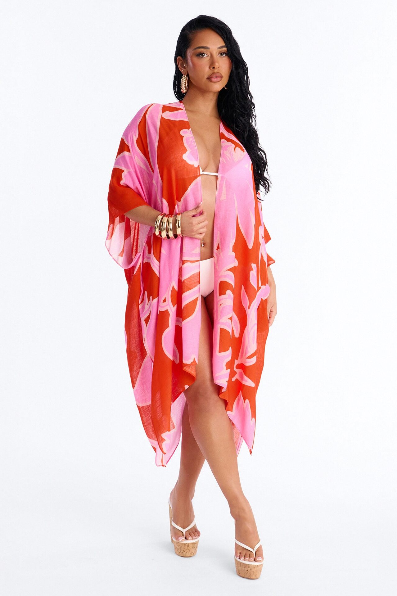 Seas The Day Abstract Swim Cover Up Kimono - Pink/combo