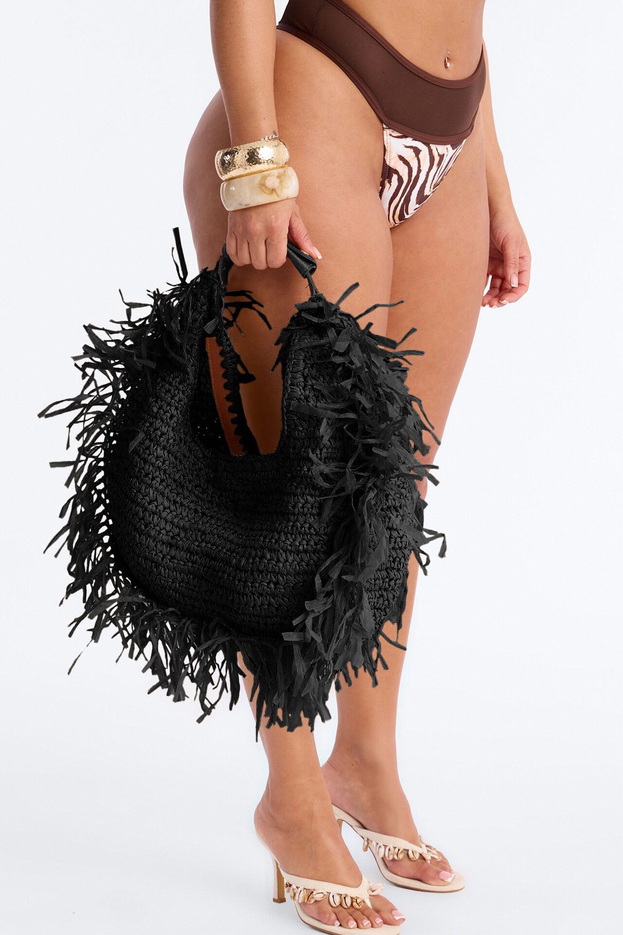 Sunseeker Straw Satchel Handbag - Black