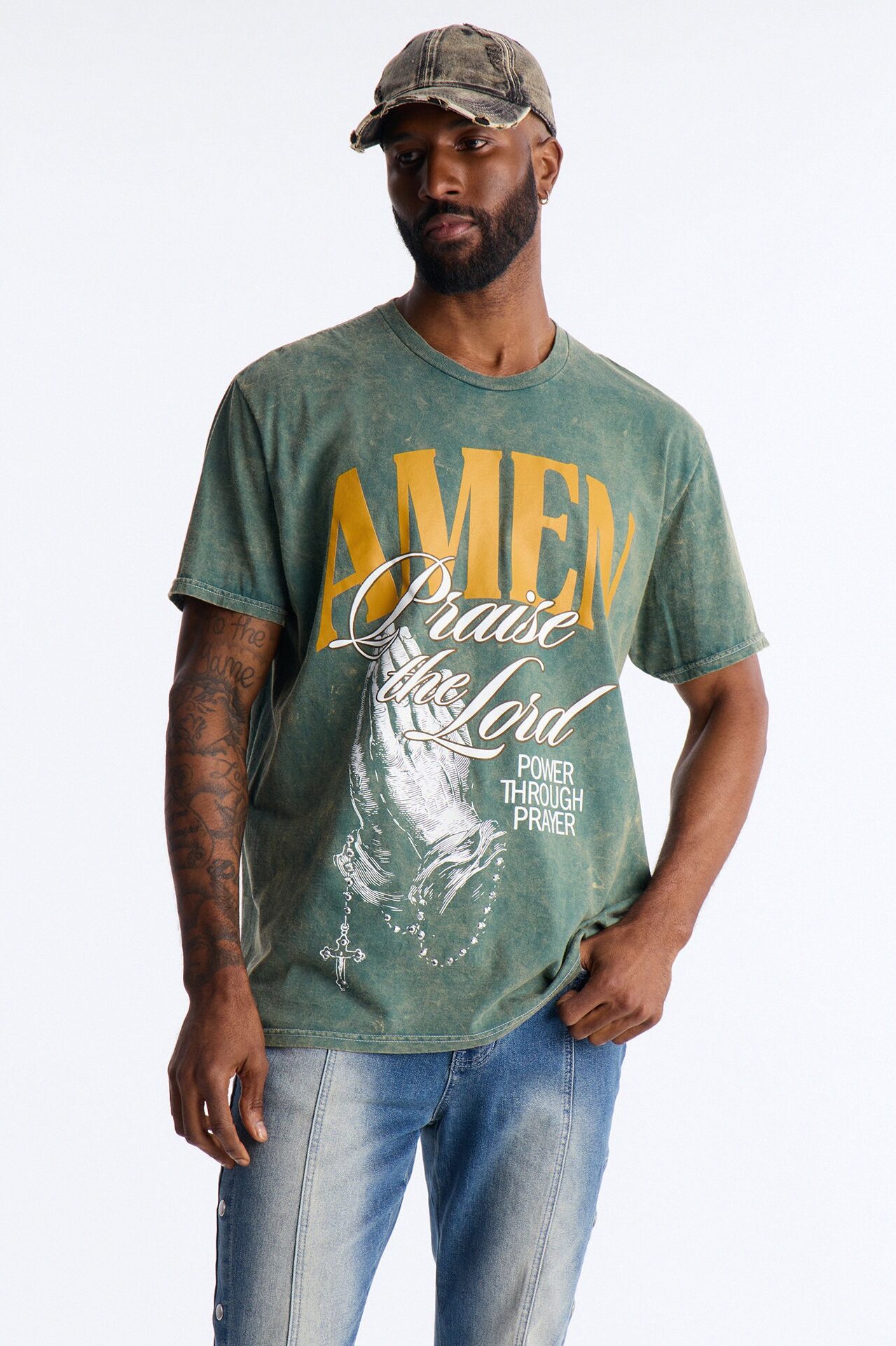 Amen Praise The Lord Rosary Studded Detail Graphic Short Sleeve Tee - Hunter Green