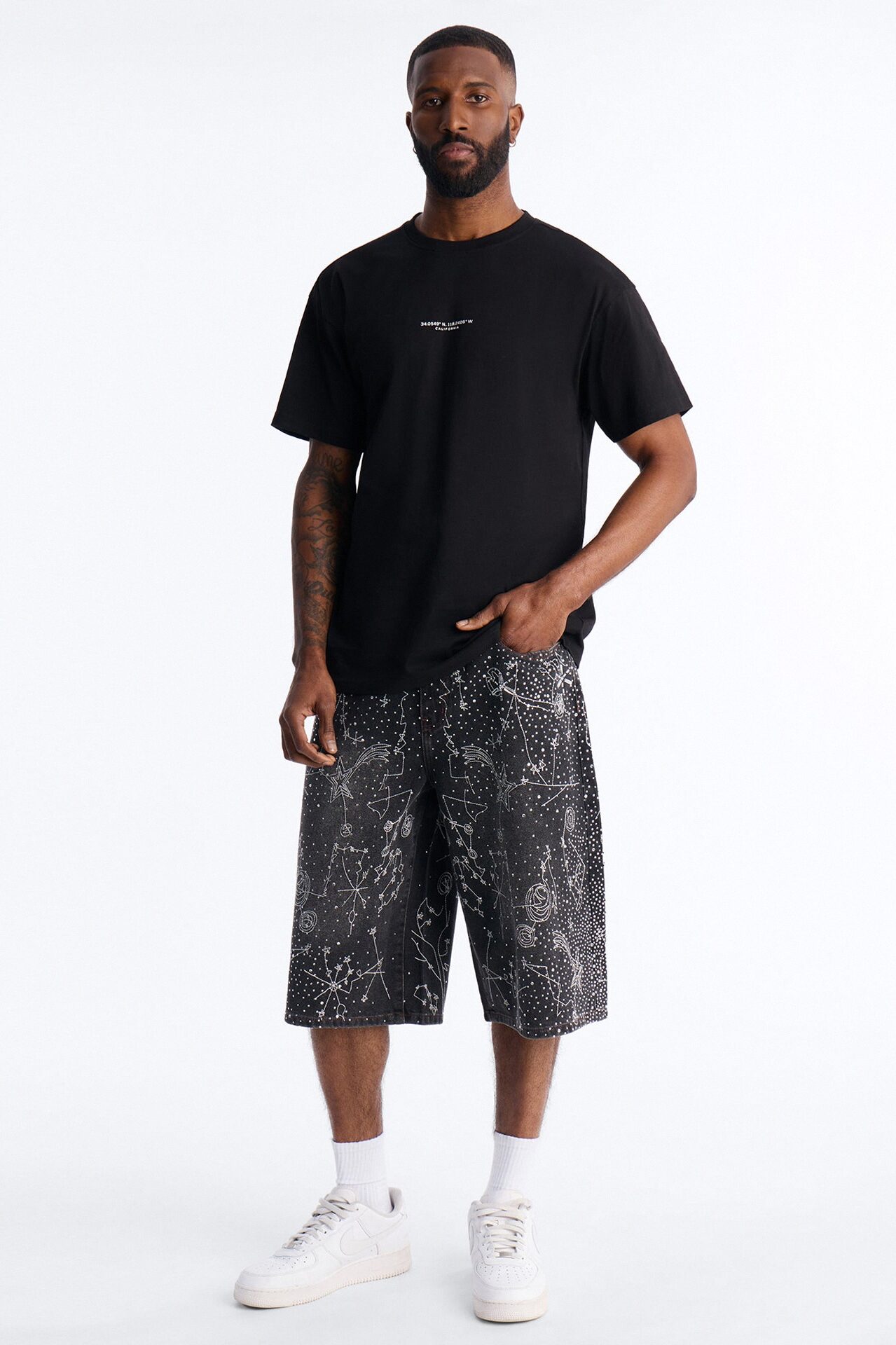 Rhinestone Interstellar Baggy Denim Short - Black Wash