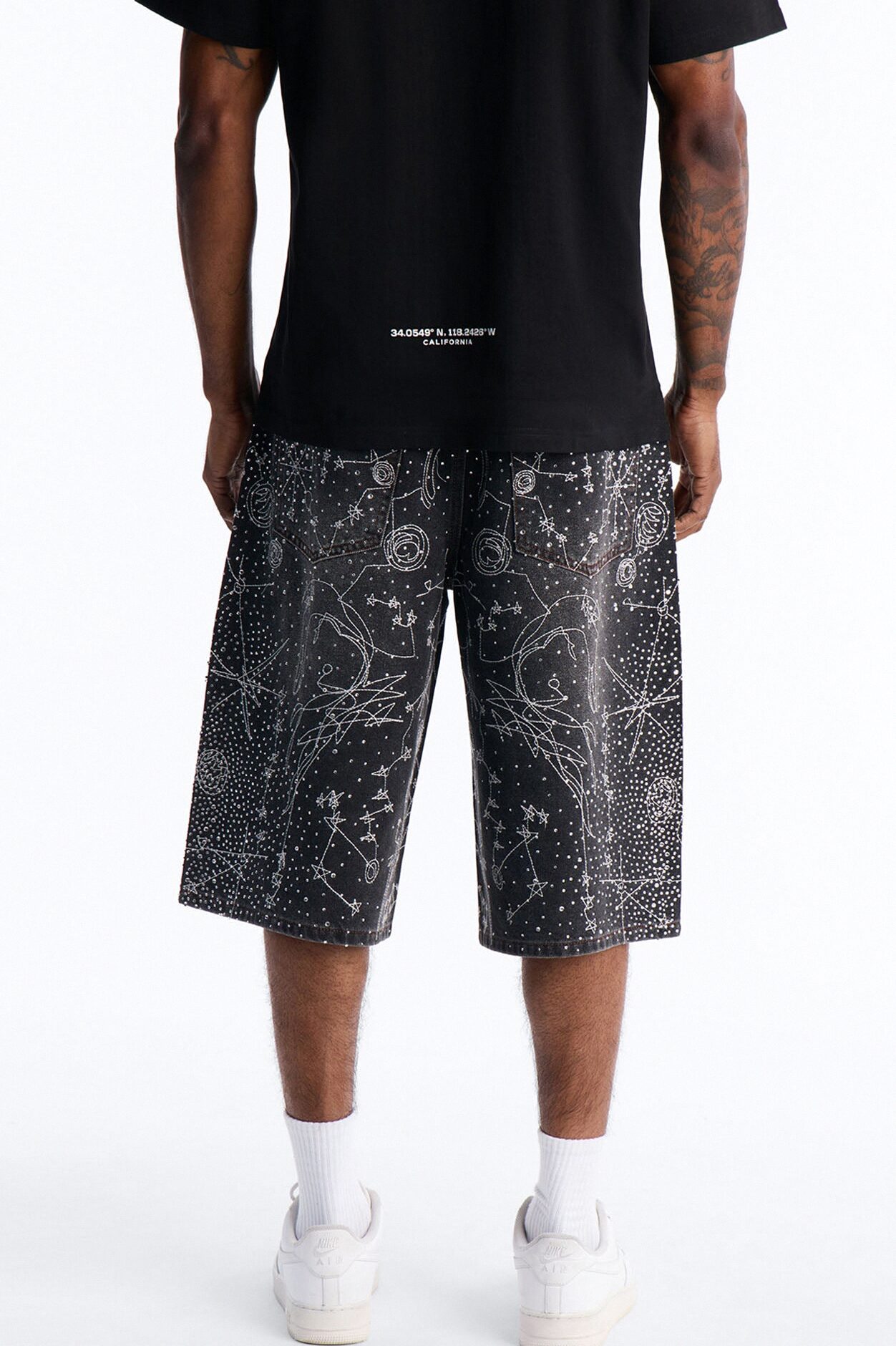 Rhinestone Interstellar Baggy Denim Short - Black Wash