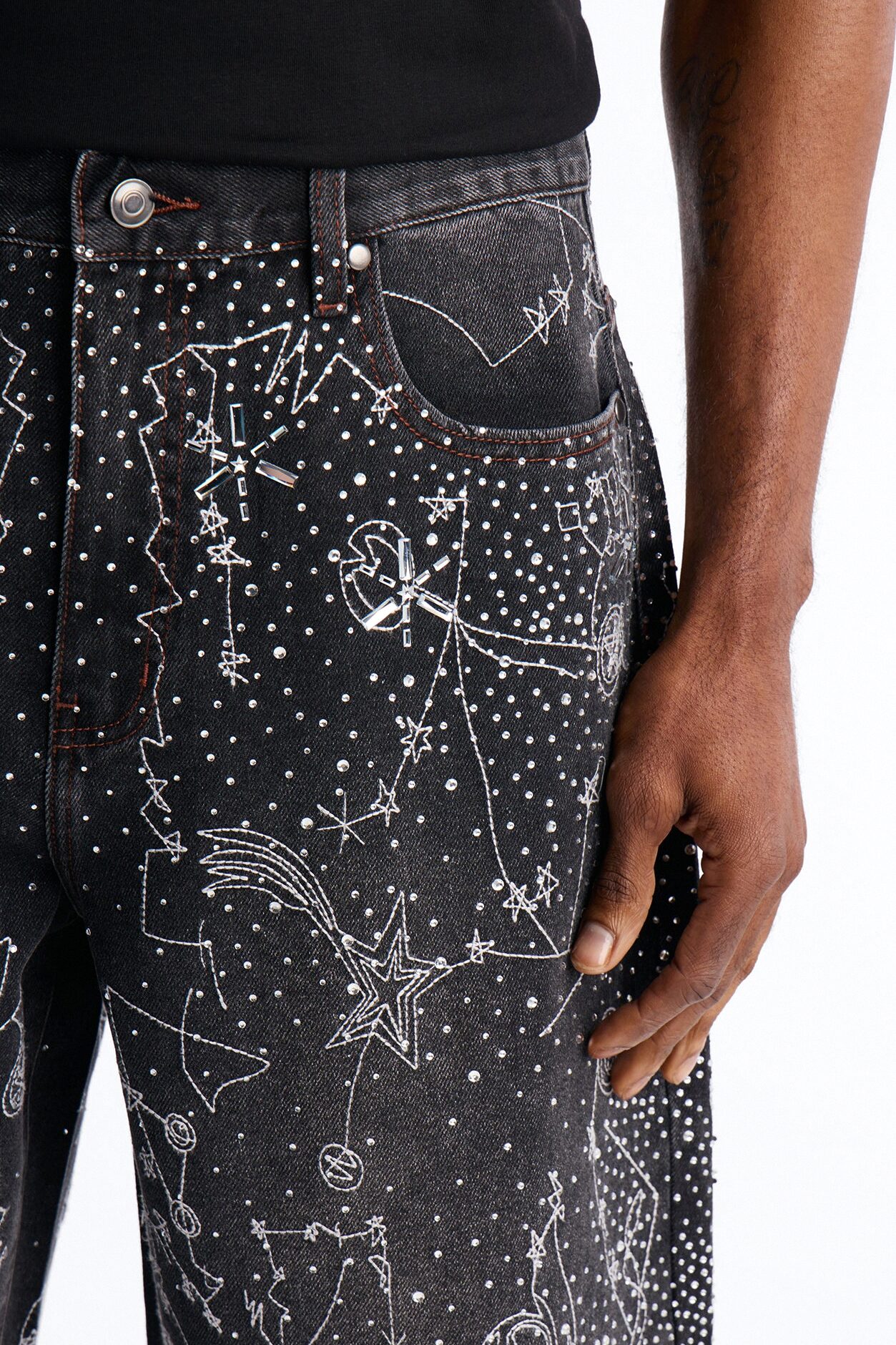 Rhinestone Interstellar Baggy Denim Short - Black Wash