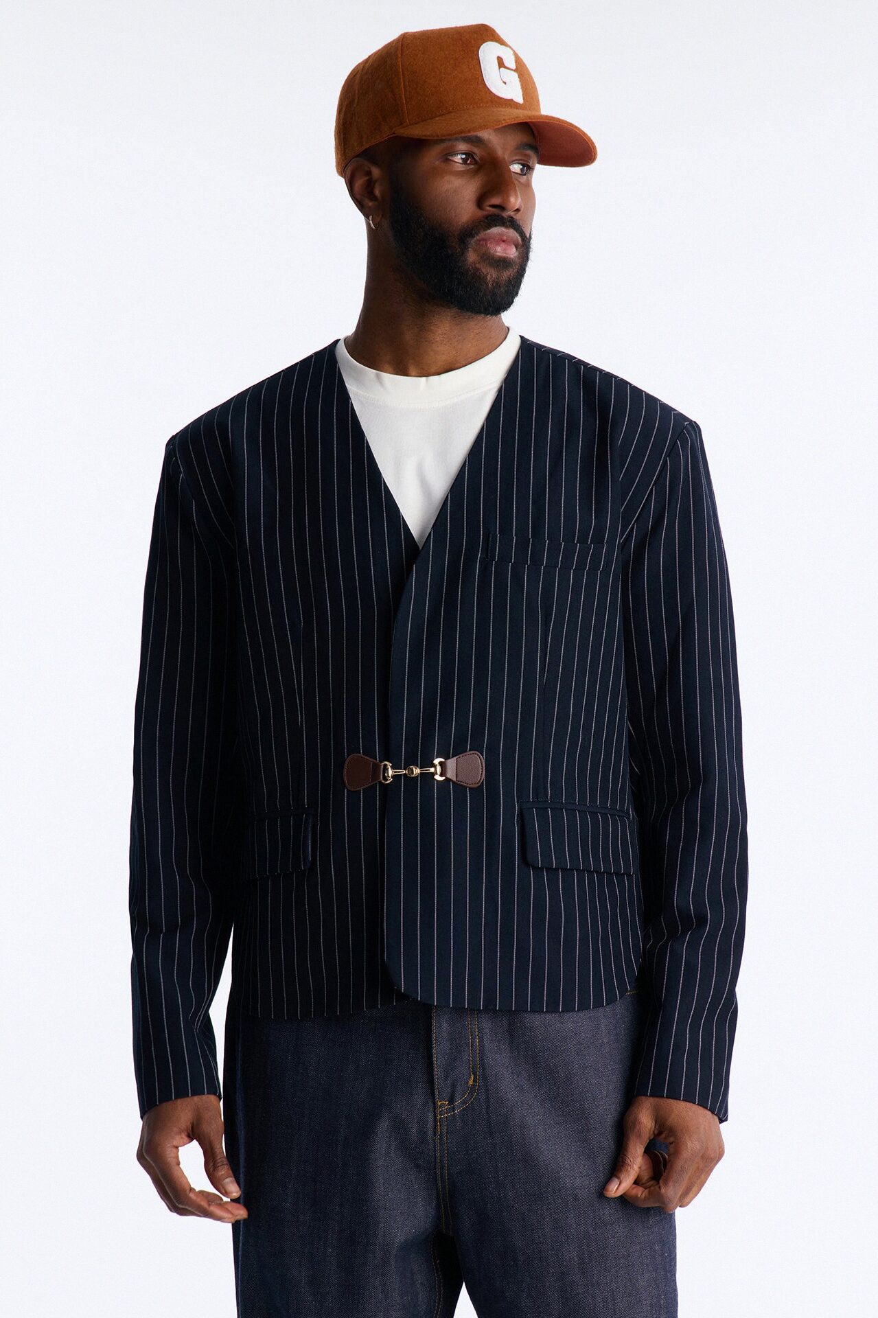 Boxy Cropped Pin Striped Cut Out Blazer - Blue