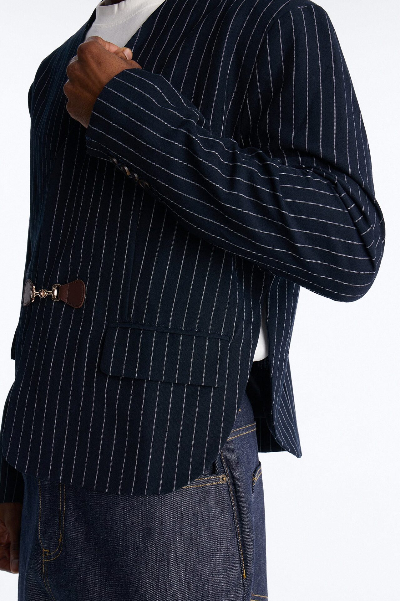 Boxy Cropped Pin Striped Cut Out Blazer - Blue